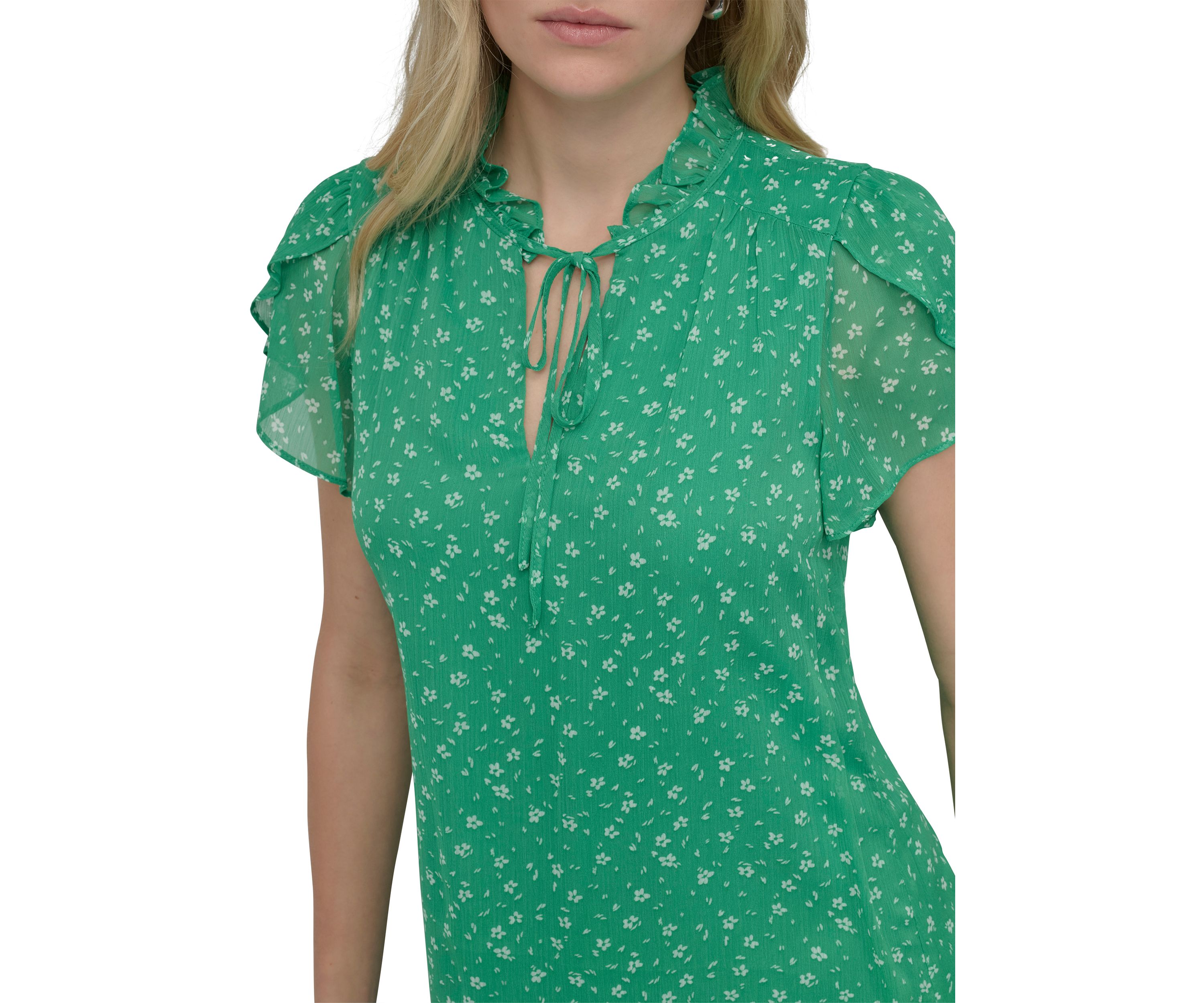 Womens Flutter Sleeve Mock Neck Dot Printed A-Line Dress