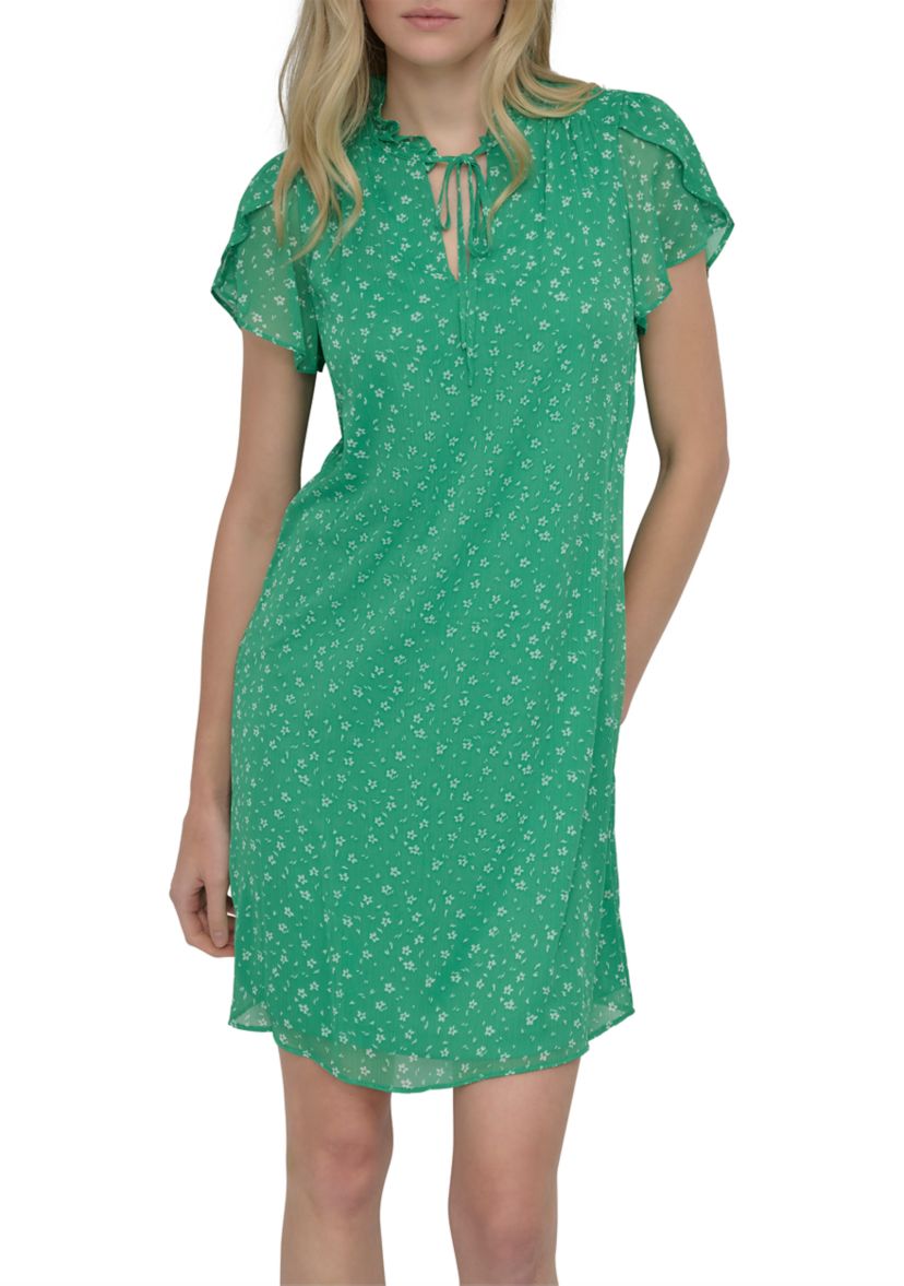 Womens Flutter Sleeve Mock Neck Dot Printed A-Line Dress