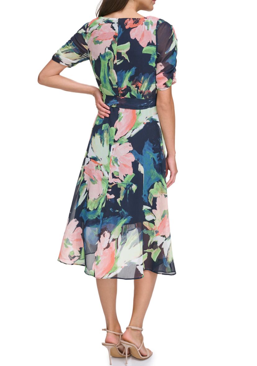 Womens Tie Waist Floral Printed Dress