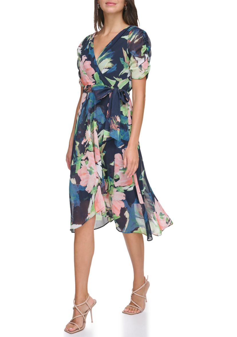 Womens Tie Waist Floral Printed Dress