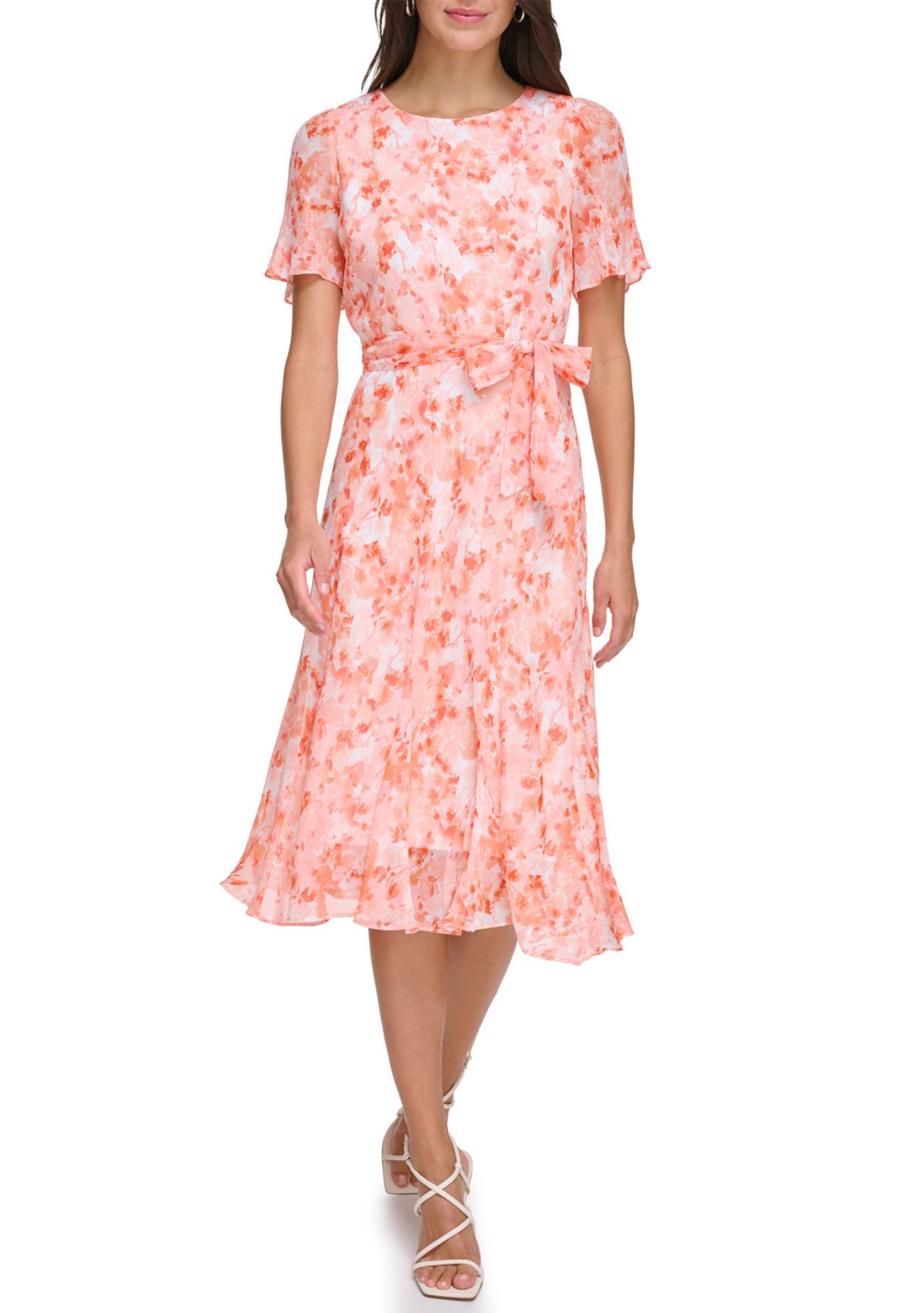 Womens Floral Printed Tie Waist Fit and Flare Dress