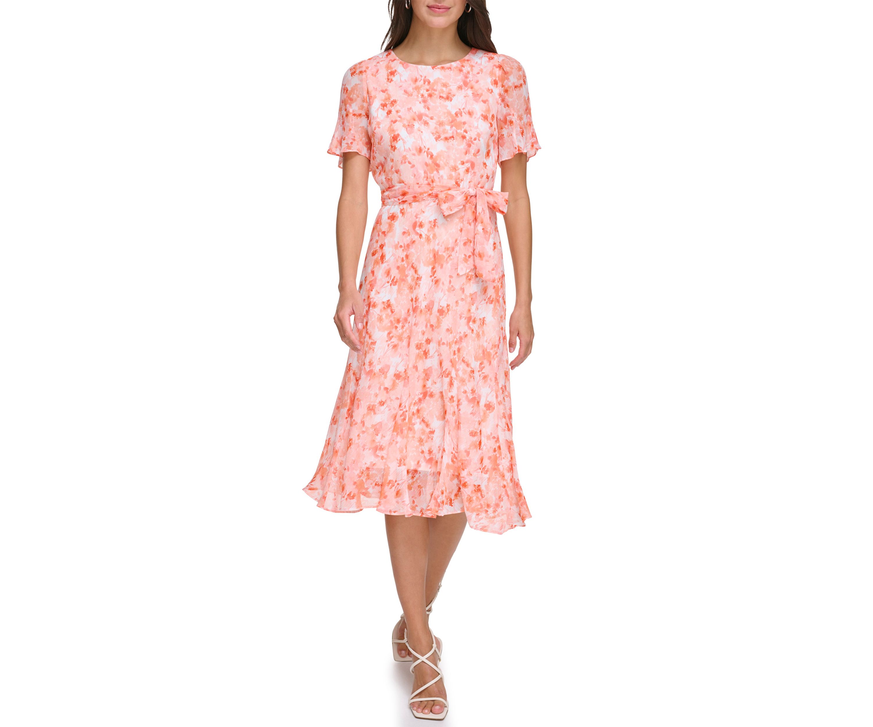 Womens Floral Printed Tie Waist Fit and Flare Dress