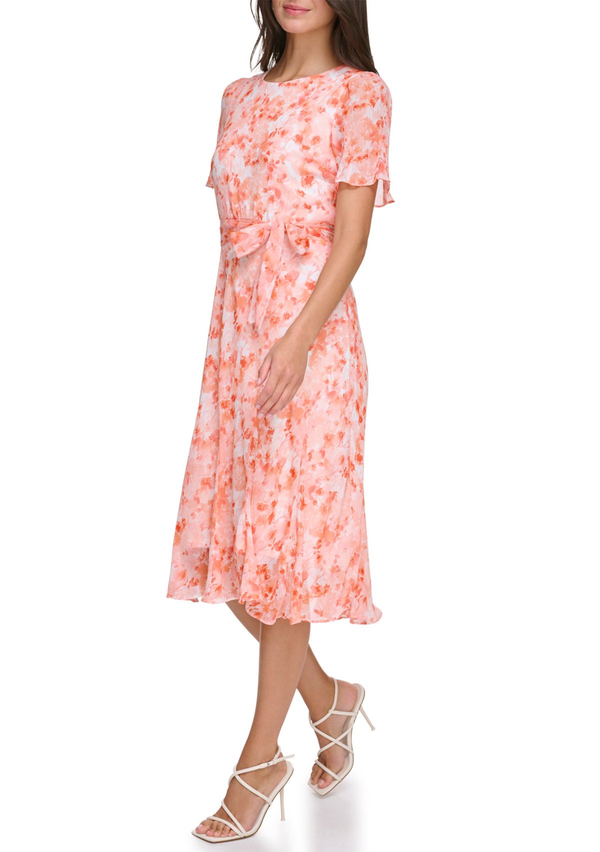 Womens Floral Printed Tie Waist Fit and Flare Dress