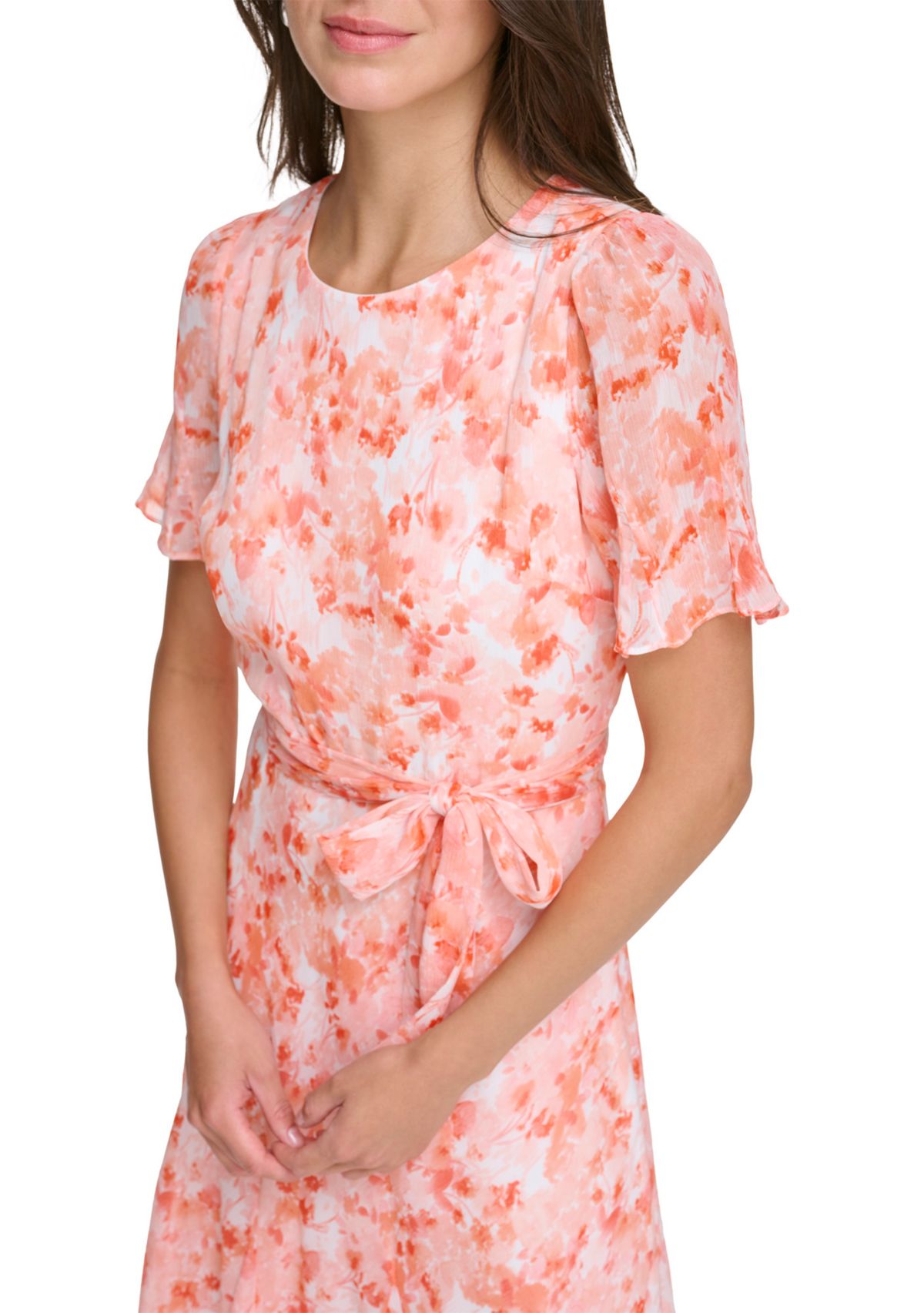 Womens Floral Printed Tie Waist Fit and Flare Dress