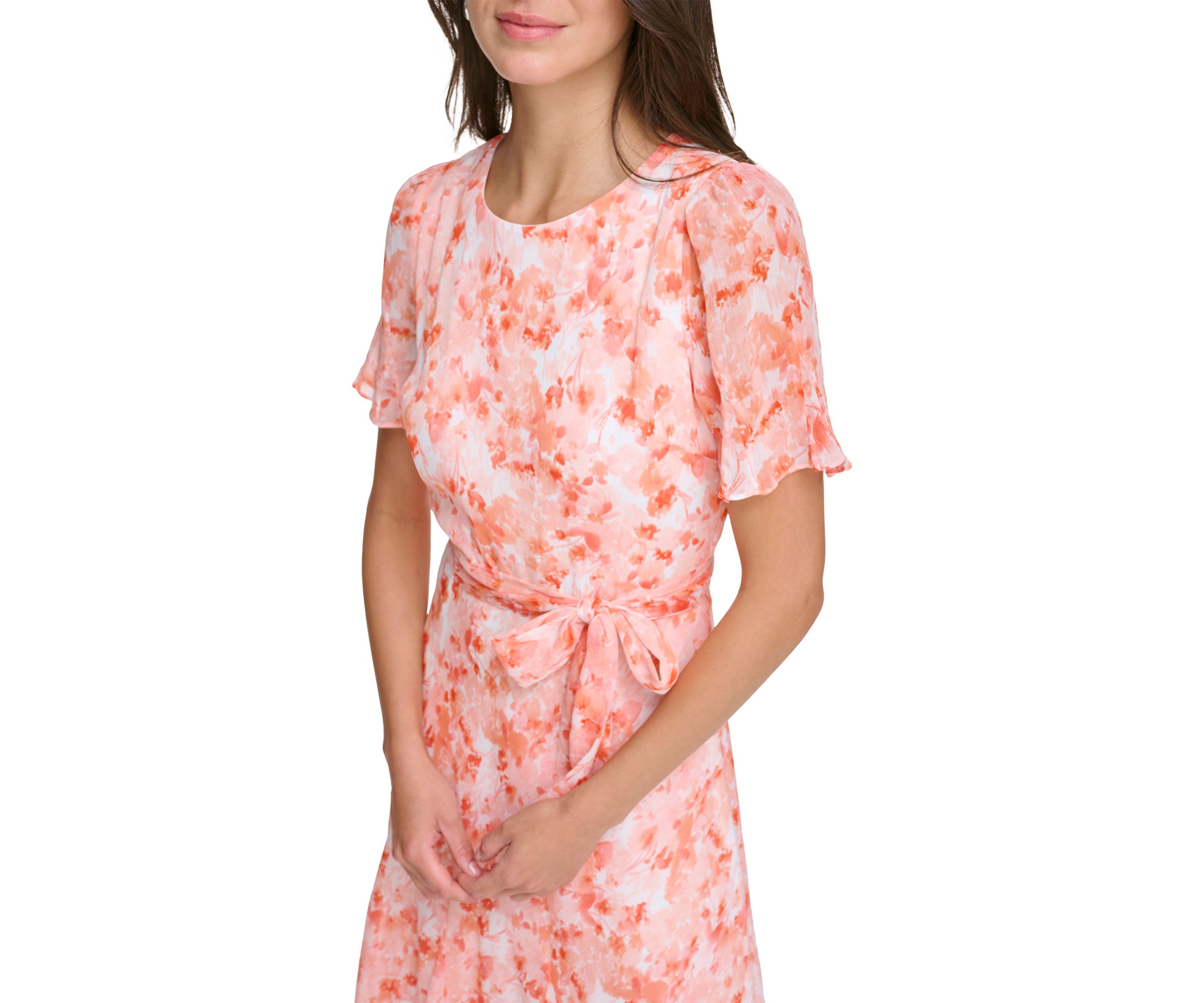 Womens Floral Printed Tie Waist Fit and Flare Dress