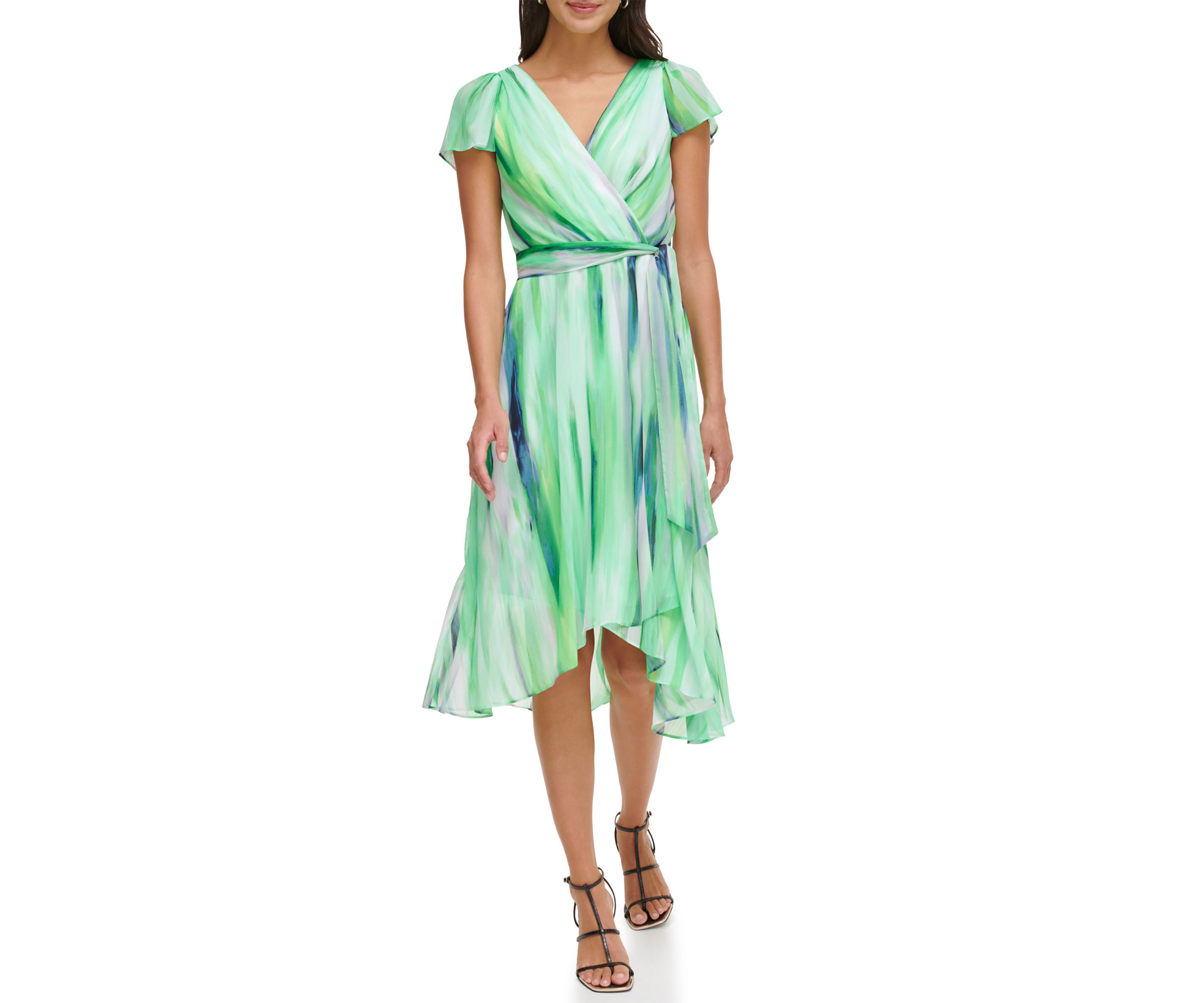 Womens V-Neck Tie Waist Striped Printed Fit and Flare Dress