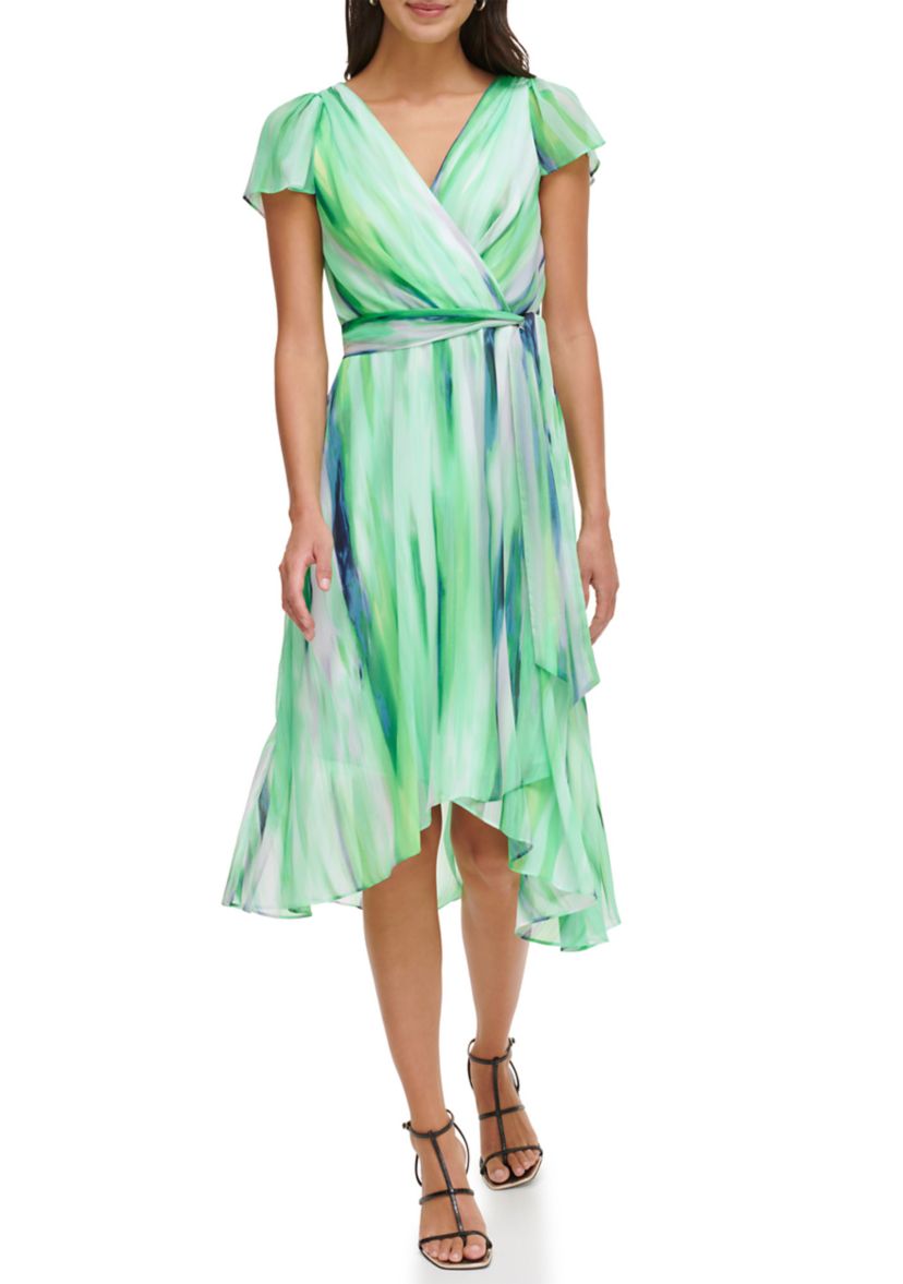 Womens V-Neck Tie Waist Striped Printed Fit and Flare Dress