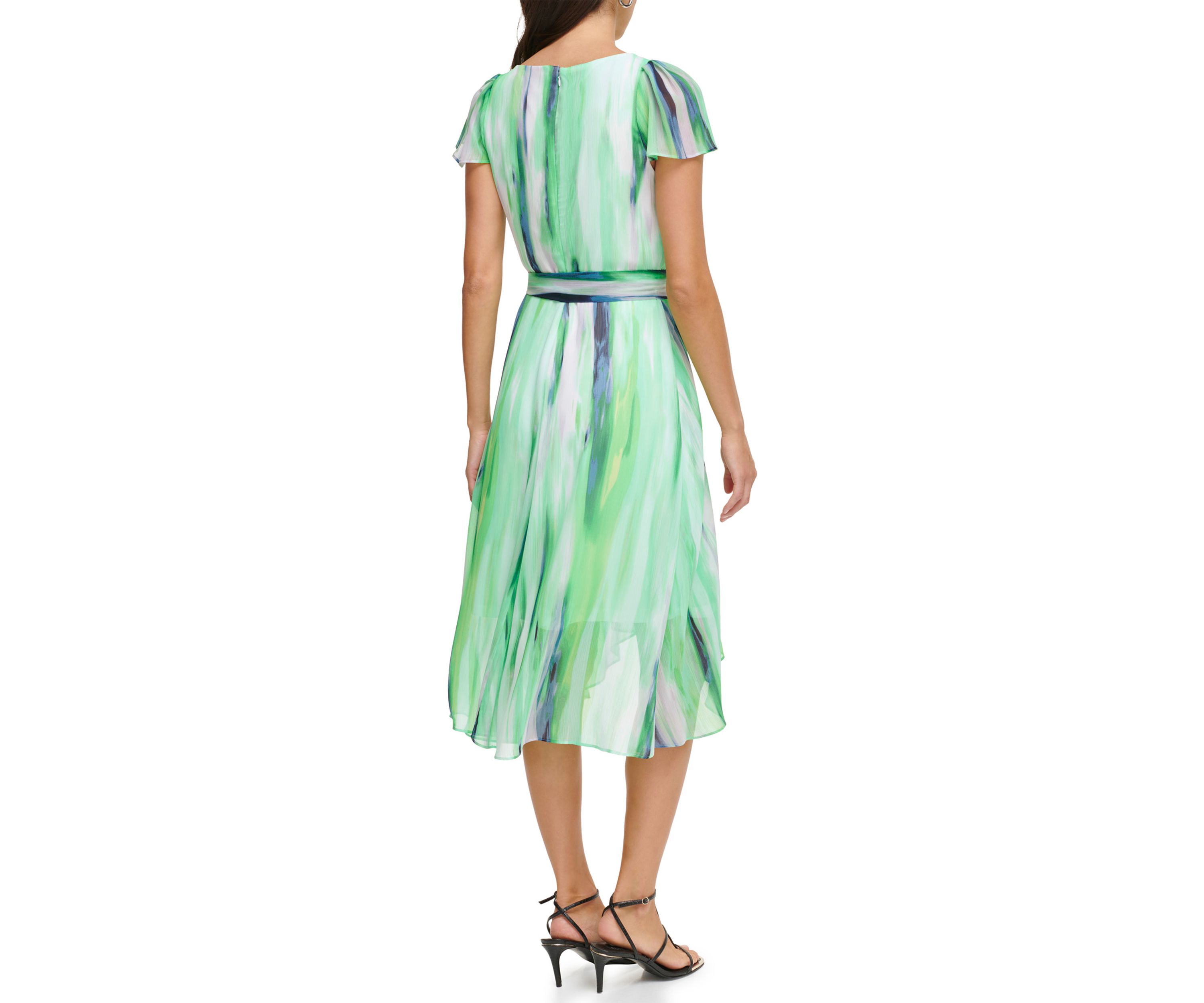 Womens V-Neck Tie Waist Striped Printed Fit and Flare Dress