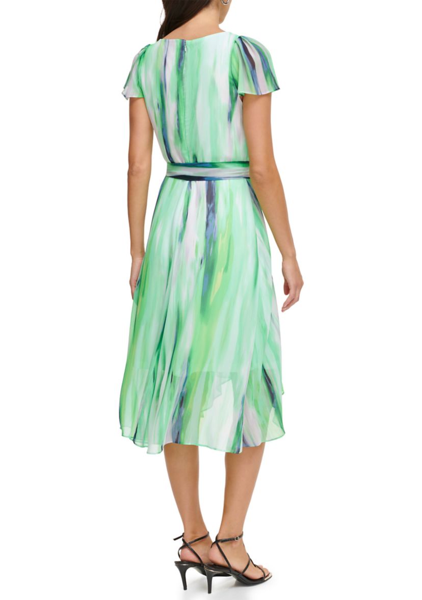 Womens V-Neck Tie Waist Striped Printed Fit and Flare Dress