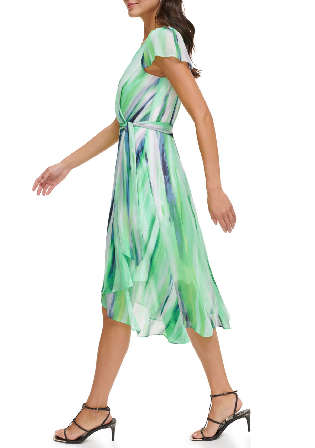 Womens V-Neck Tie Waist Striped Printed Fit and Flare Dress