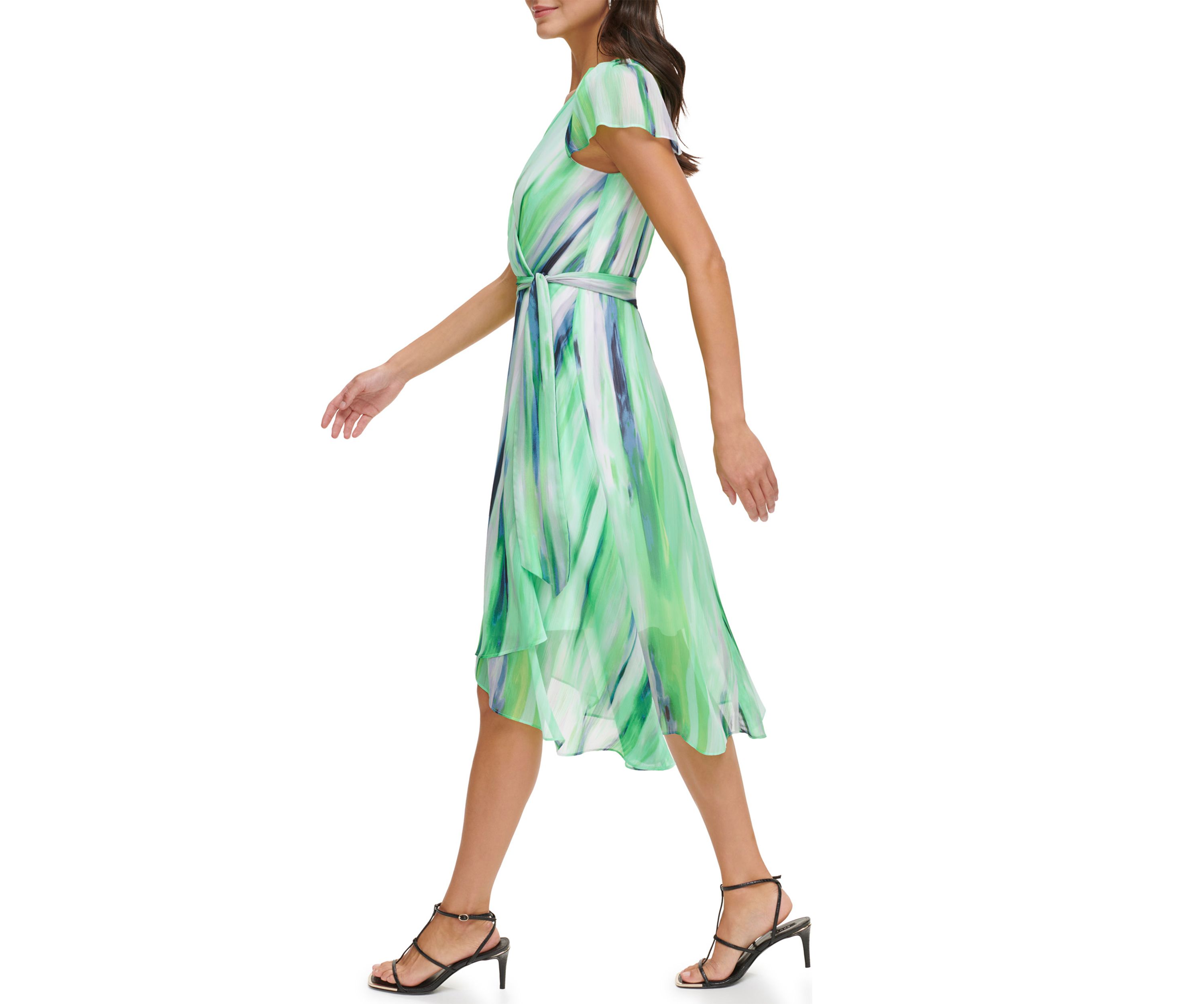 Womens V-Neck Tie Waist Striped Printed Fit and Flare Dress