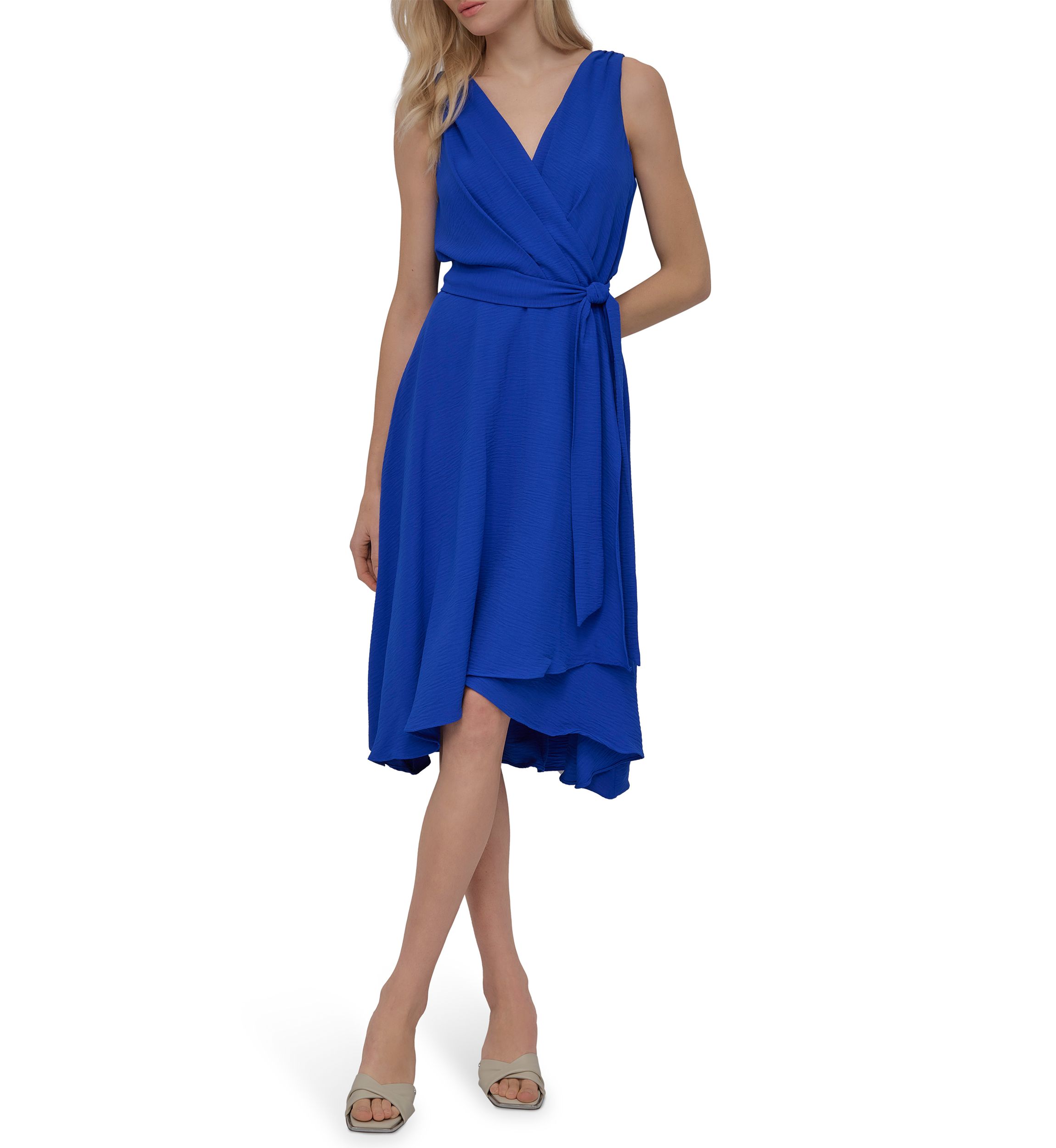 Womens Sleeveless V-Neck Solid Tie Waist Midi Dress