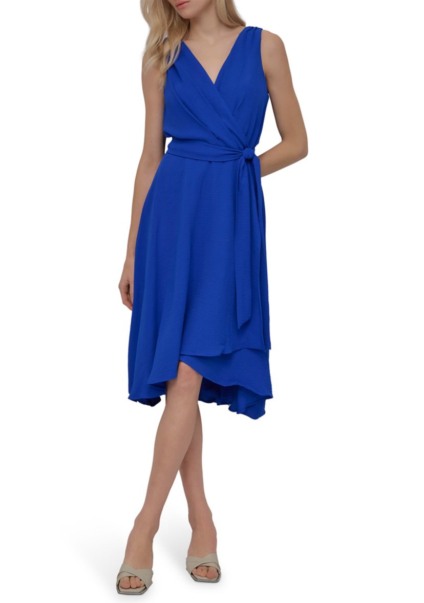 Womens Sleeveless V-Neck Solid Tie Waist Midi Dress