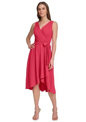 DKNY Women's Sleeveless V-Neck Solid Tie Waist Midi Dress