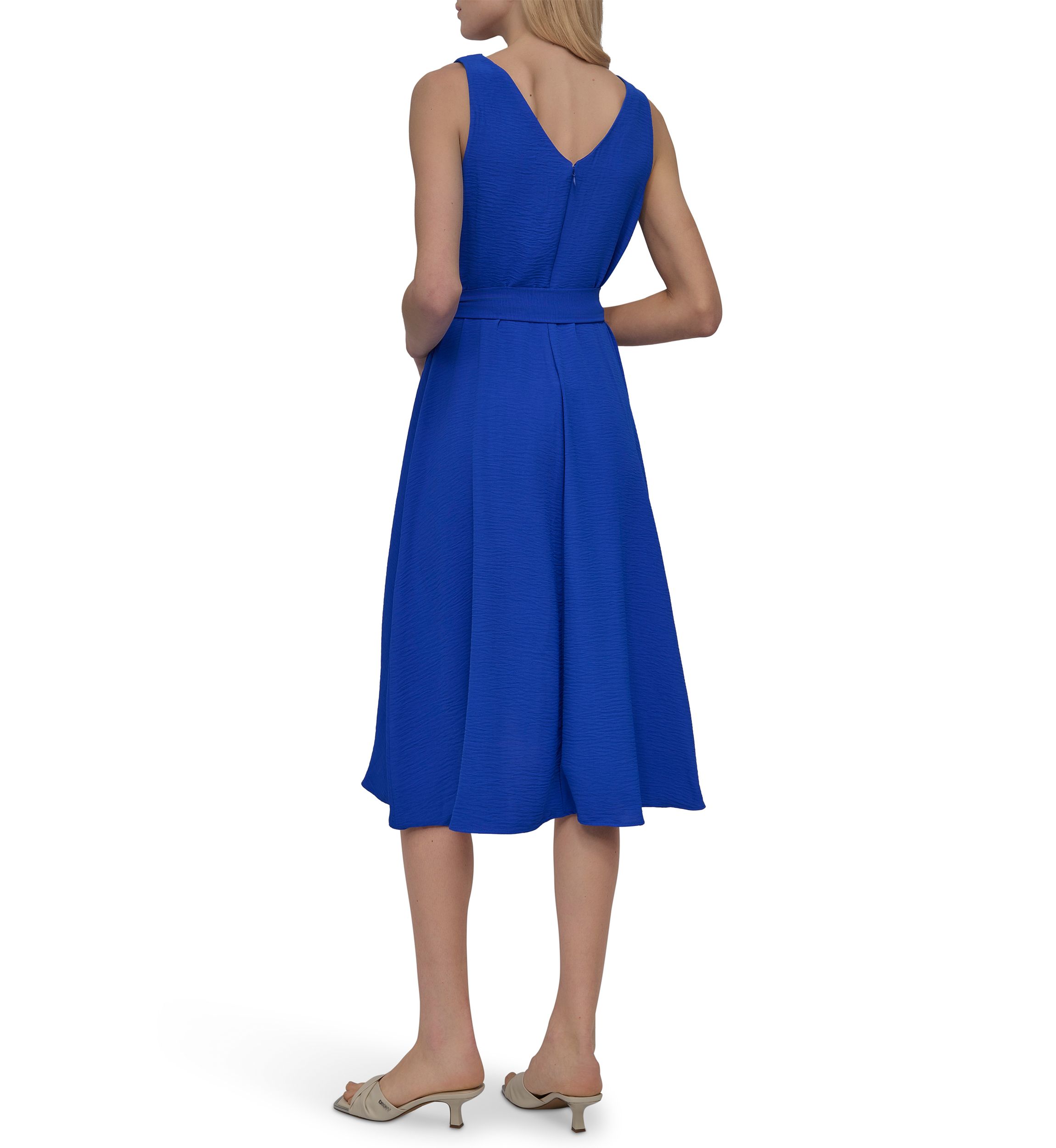 Womens Sleeveless V-Neck Solid Tie Waist Midi Dress