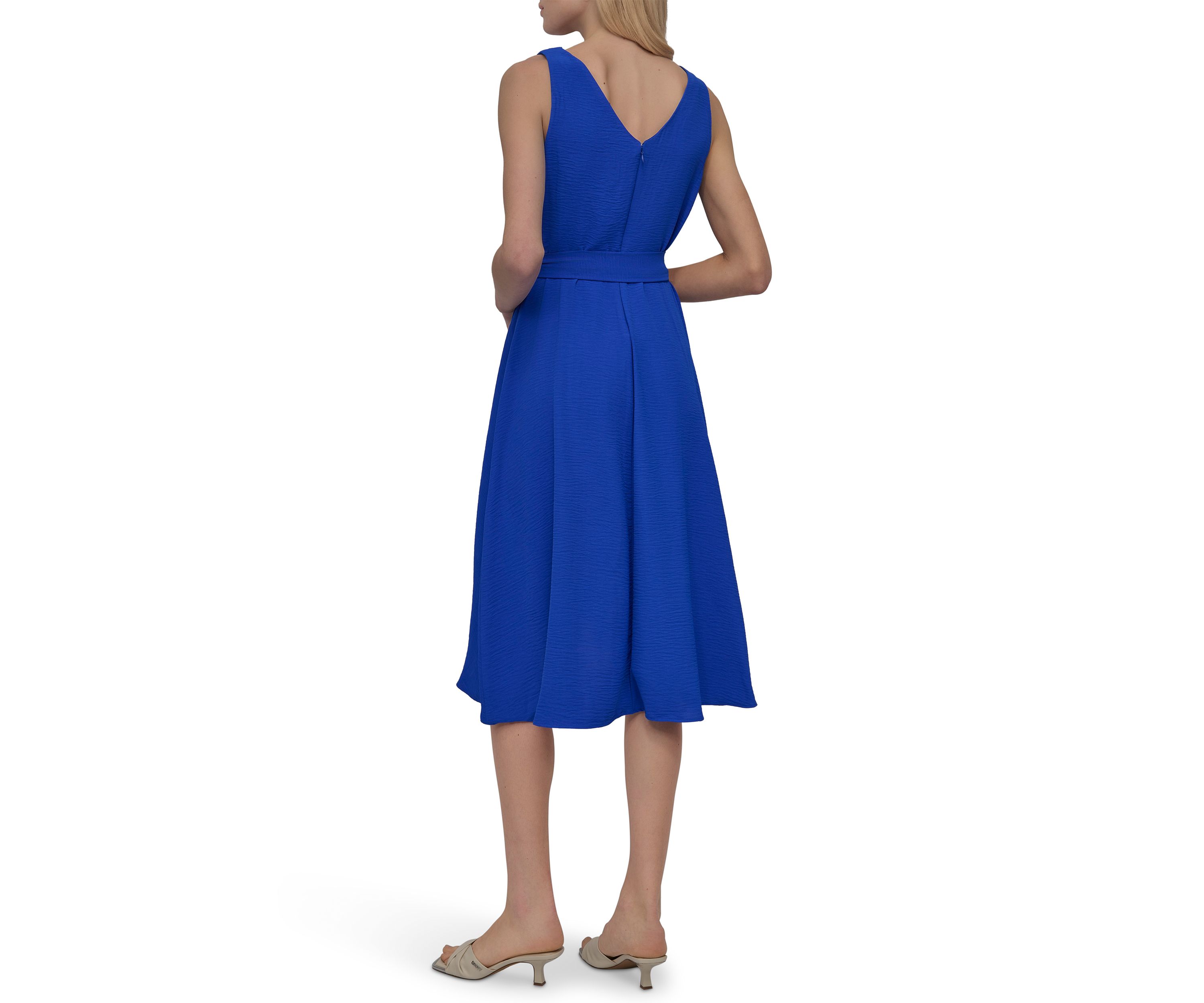 Womens Sleeveless V-Neck Solid Tie Waist Midi Dress