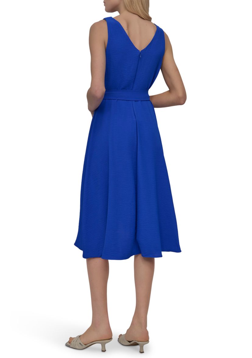 Womens Sleeveless V-Neck Solid Tie Waist Midi Dress