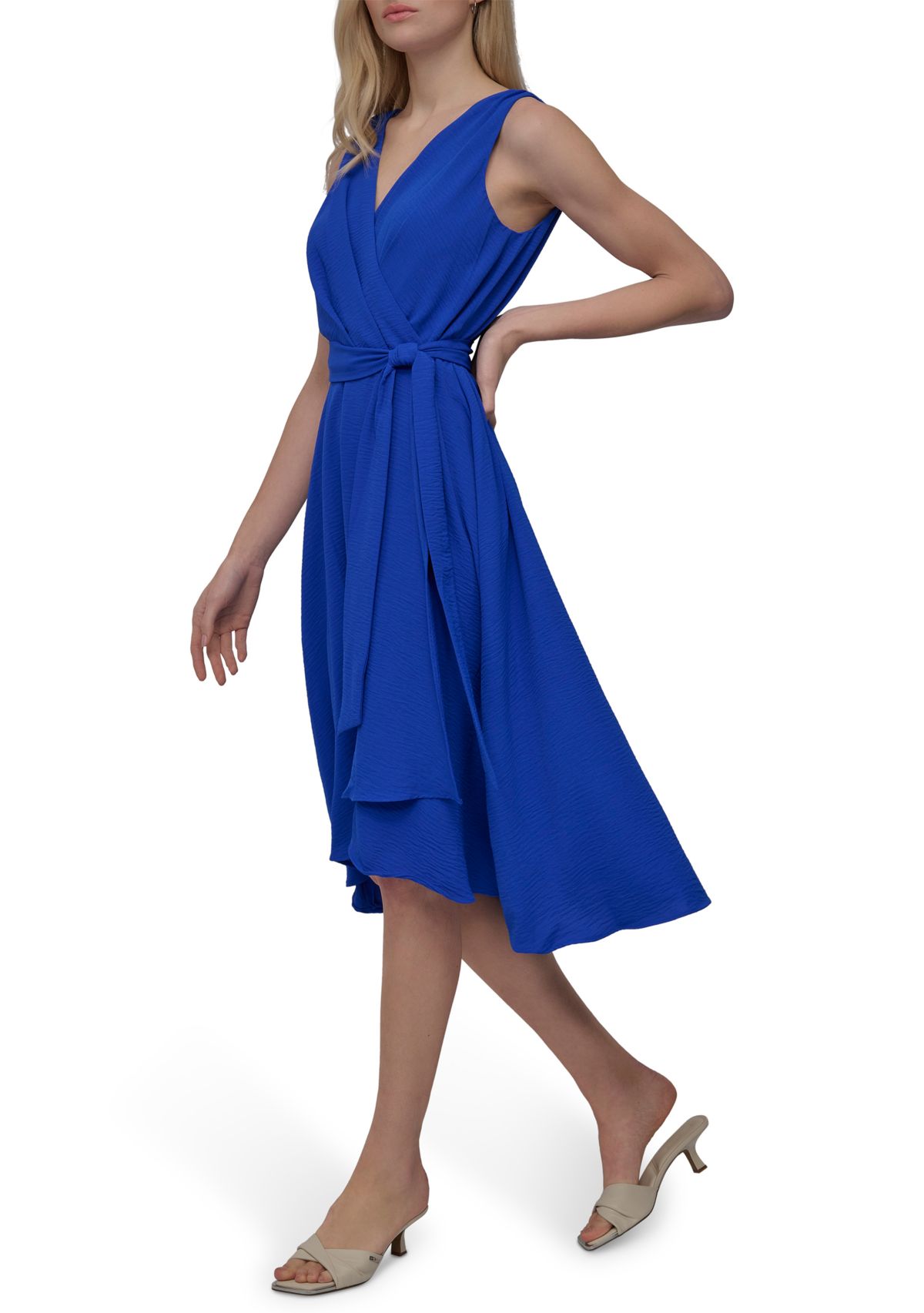 Womens Sleeveless V-Neck Solid Tie Waist Midi Dress