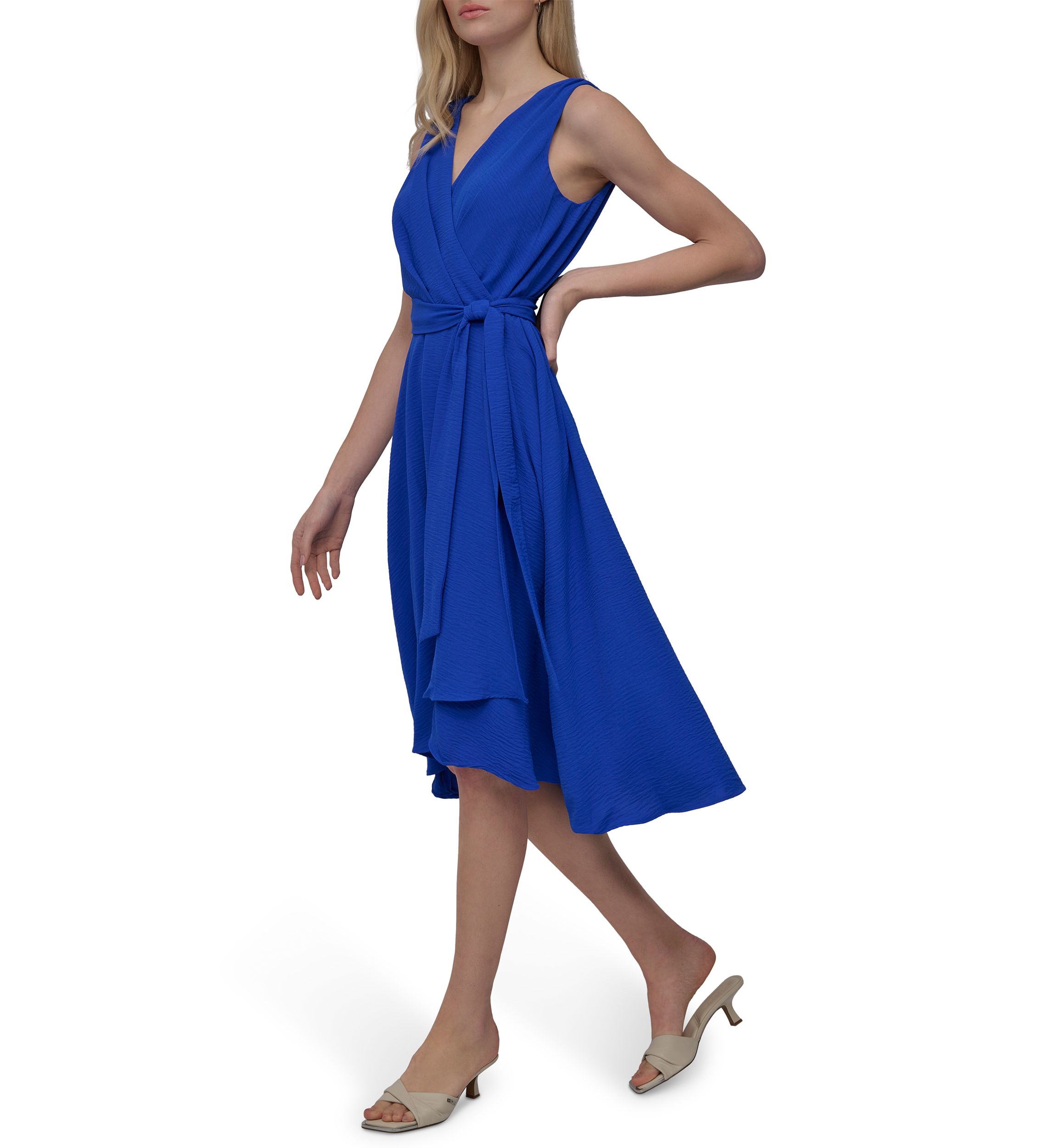 Womens Sleeveless V-Neck Solid Tie Waist Midi Dress