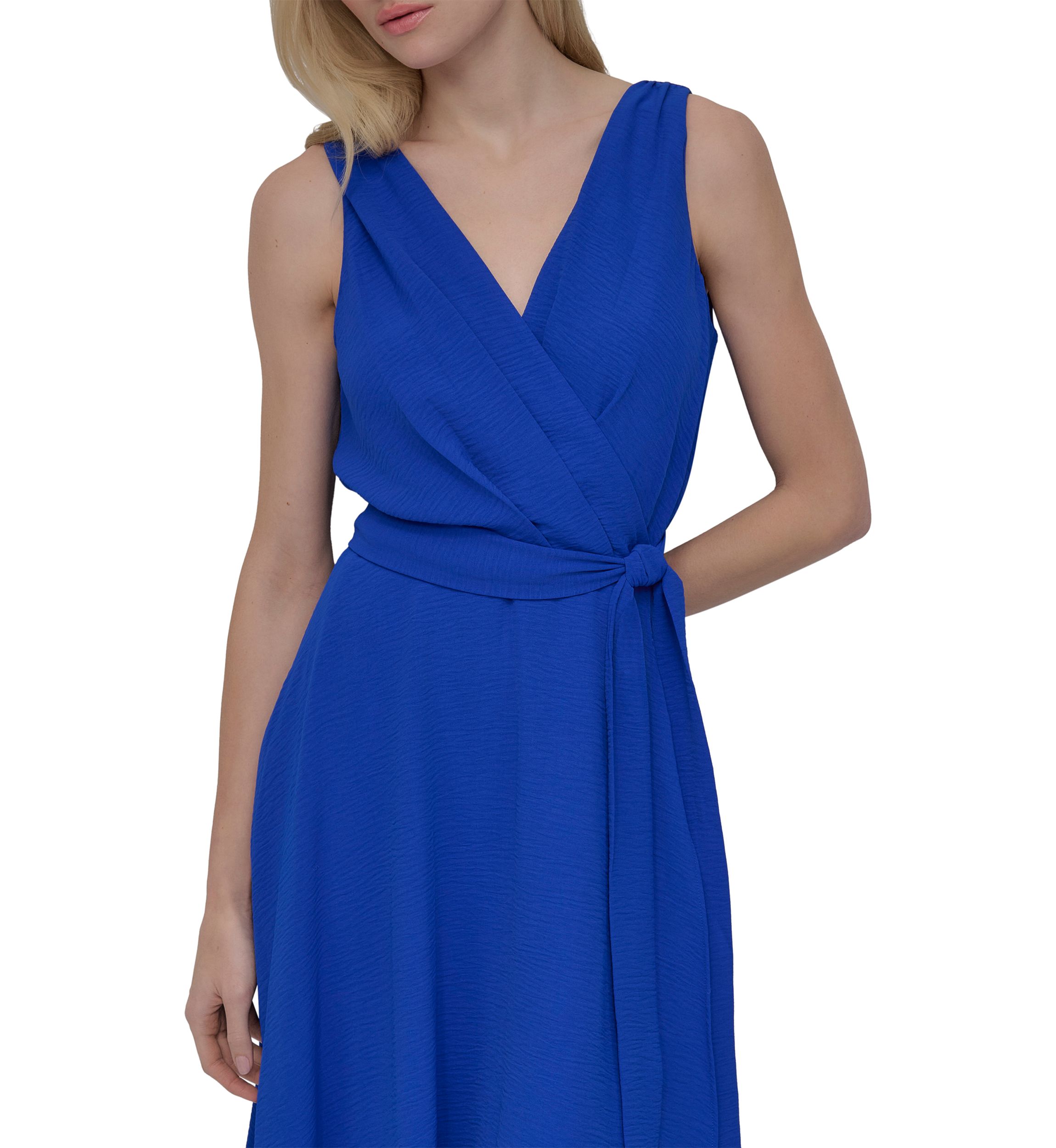 Womens Sleeveless V-Neck Solid Tie Waist Midi Dress