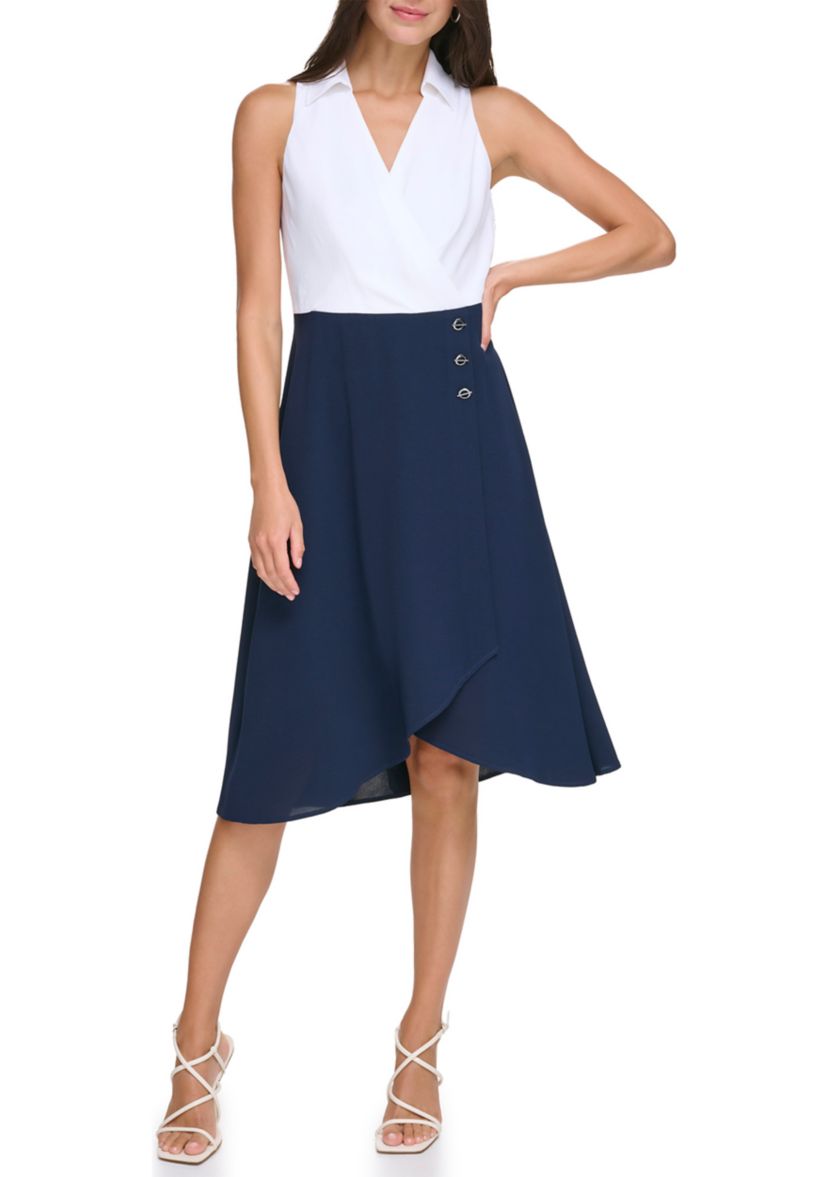 Womens Sleeveless Color Blocked Fit and Flare Dress