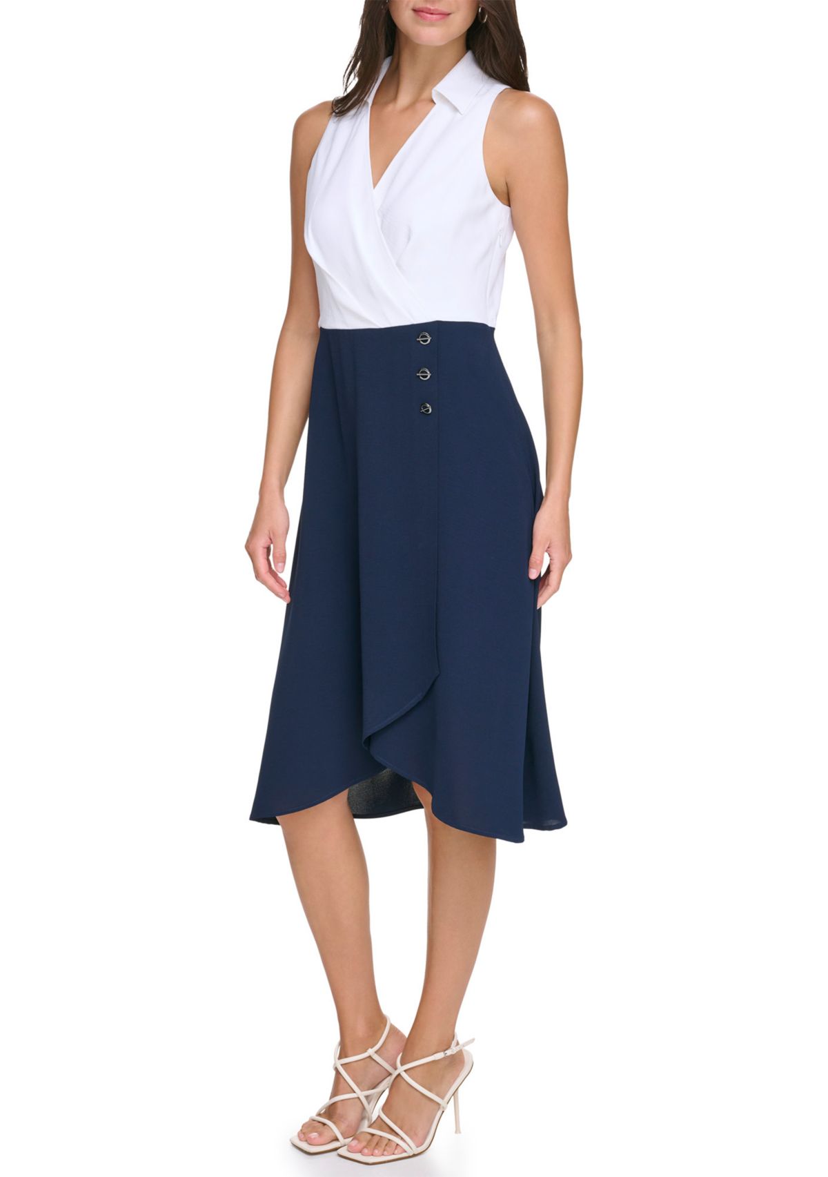 Womens Sleeveless Color Blocked Fit and Flare Dress