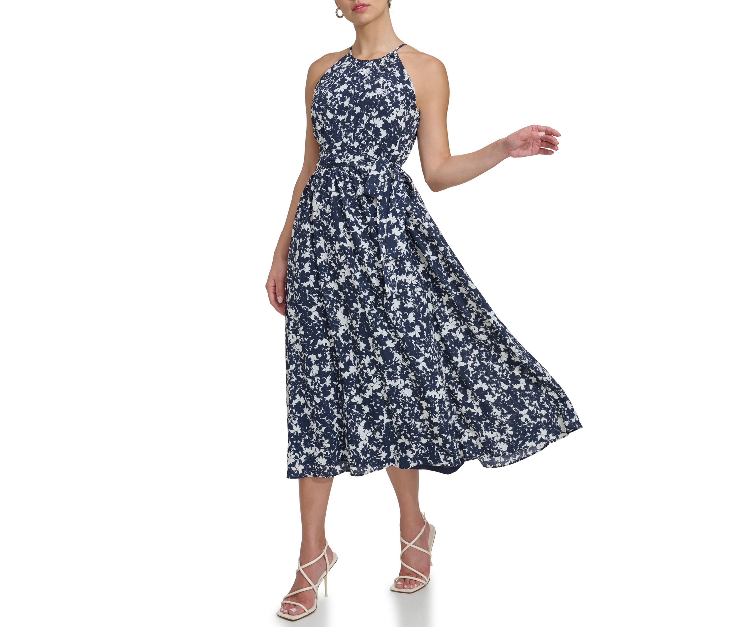 Womens Sleeveless Halter Neck Floral Printed Fit and Flare Dress