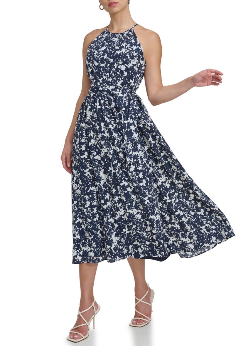 Womens Sleeveless Halter Neck Floral Printed Fit and Flare Dress