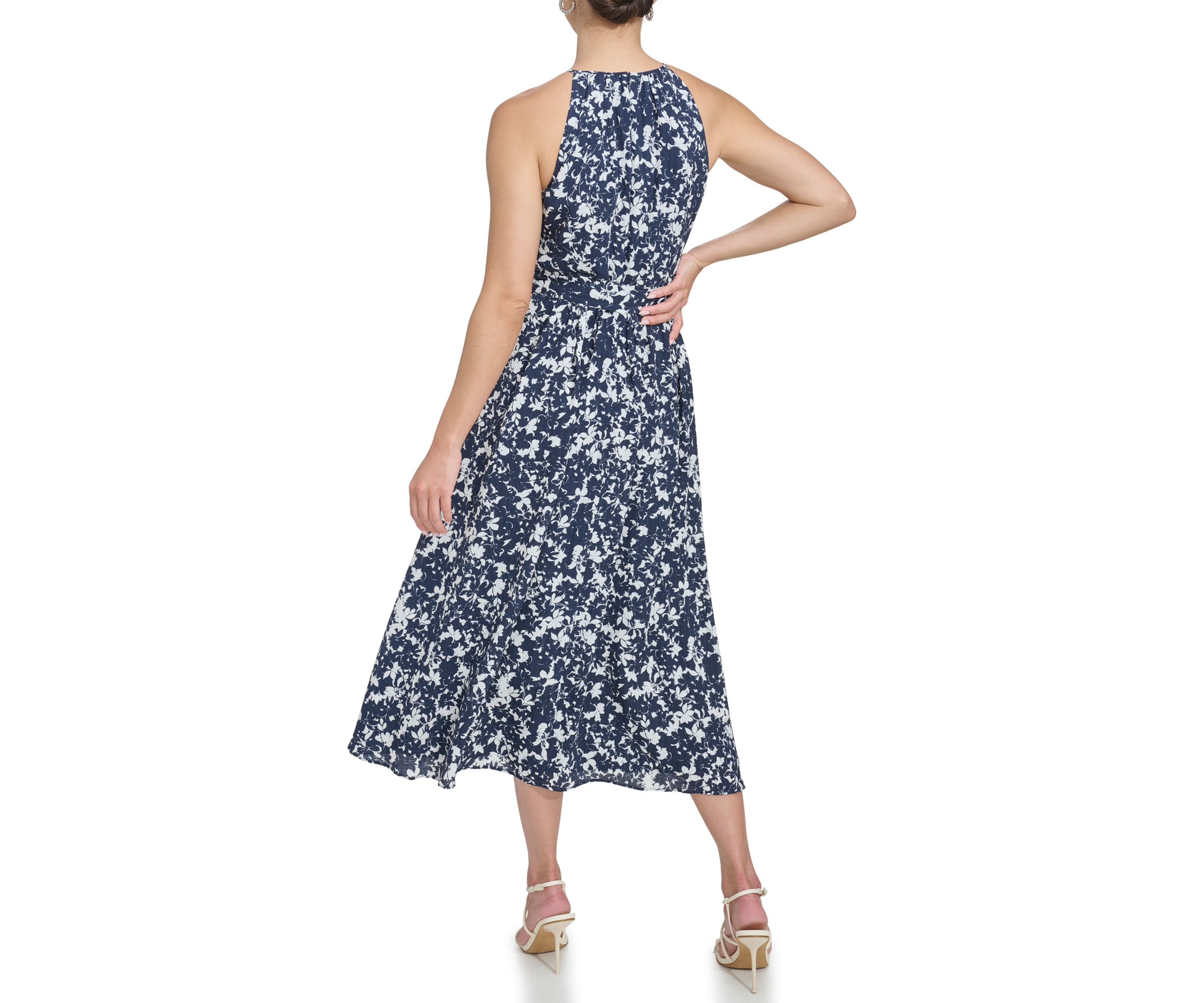 Womens Sleeveless Halter Neck Floral Printed Fit and Flare Dress