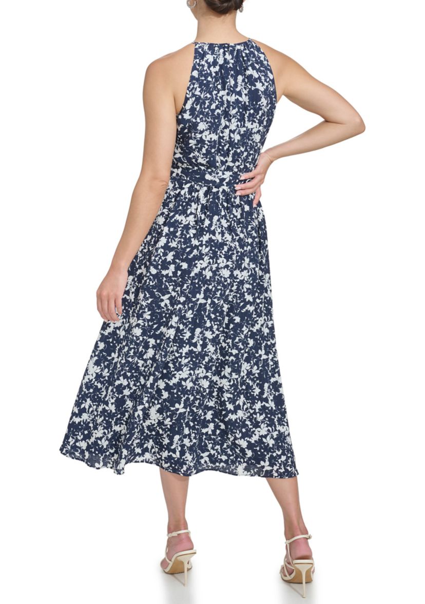 Womens Sleeveless Halter Neck Floral Printed Fit and Flare Dress