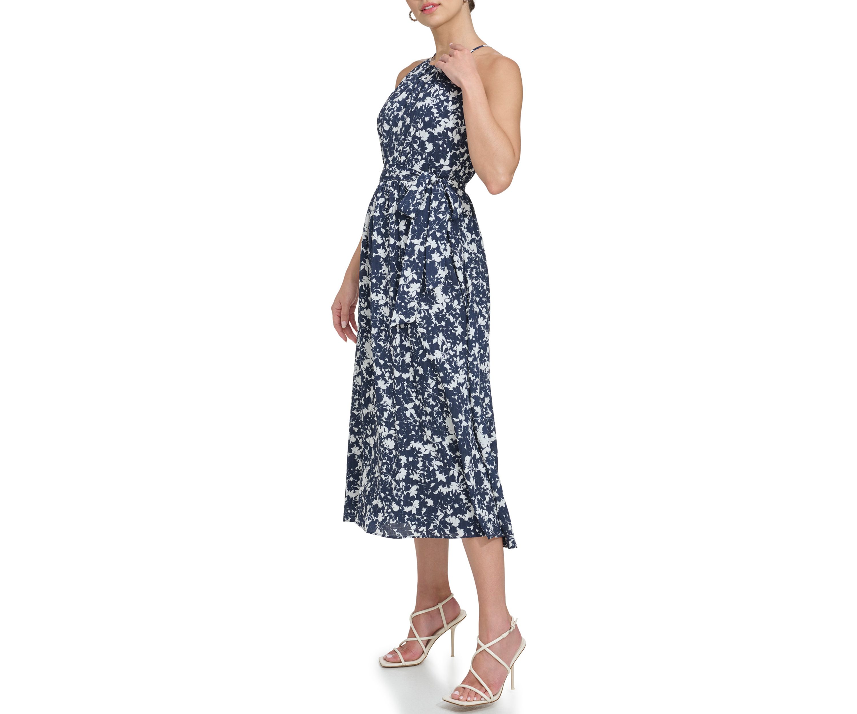 Womens Sleeveless Halter Neck Floral Printed Fit and Flare Dress