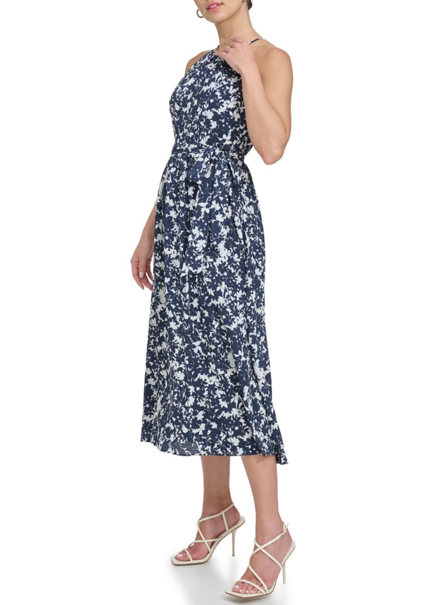 Womens Sleeveless Halter Neck Floral Printed Fit and Flare Dress