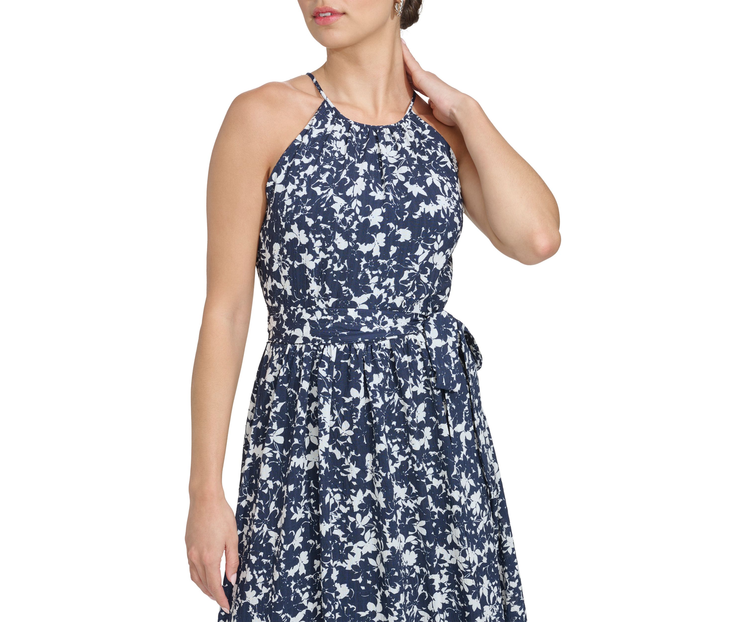 Womens Sleeveless Halter Neck Floral Printed Fit and Flare Dress