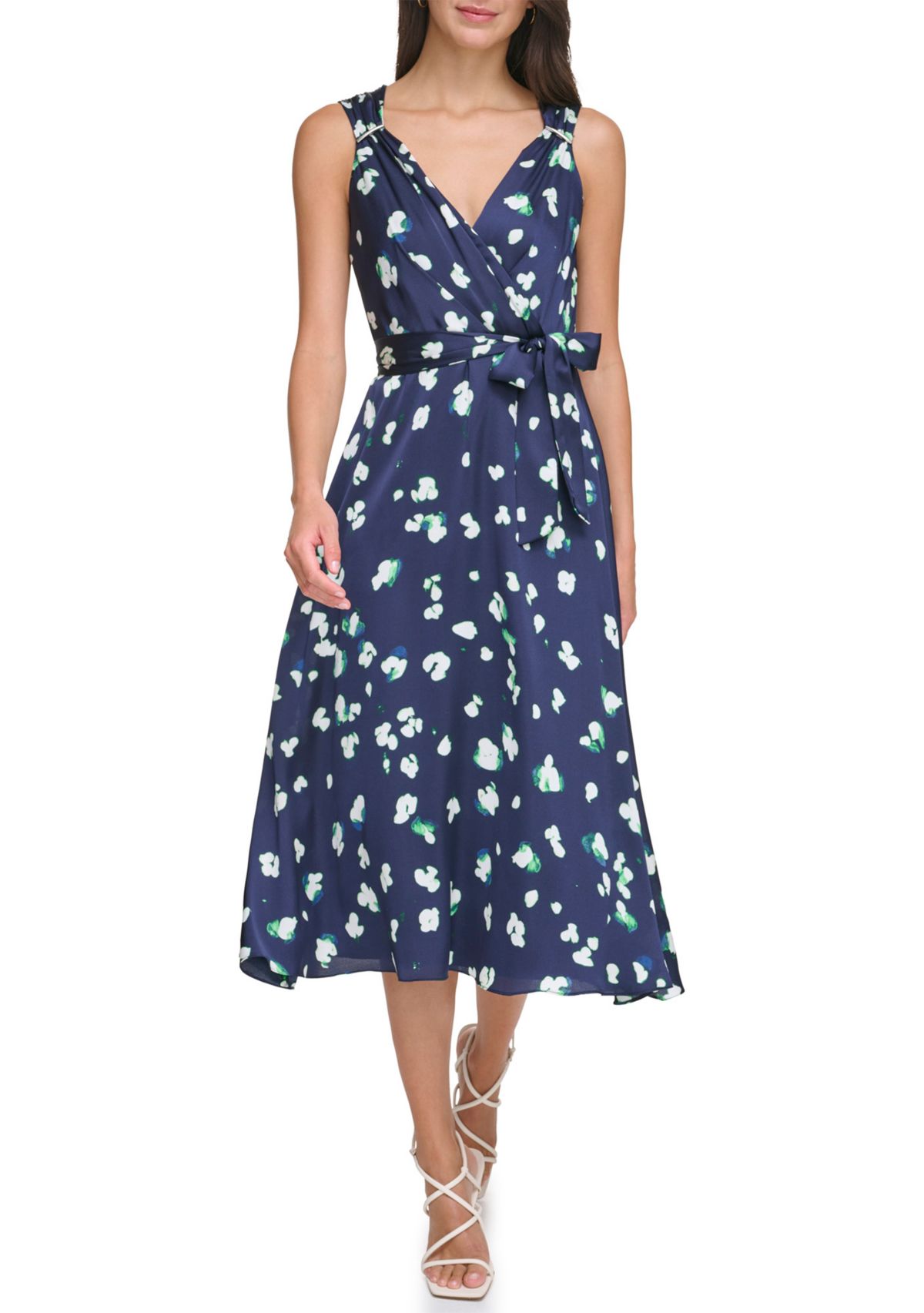 Womens Floral Printed V-Neck Tie Waist Fit and Flare Dress
