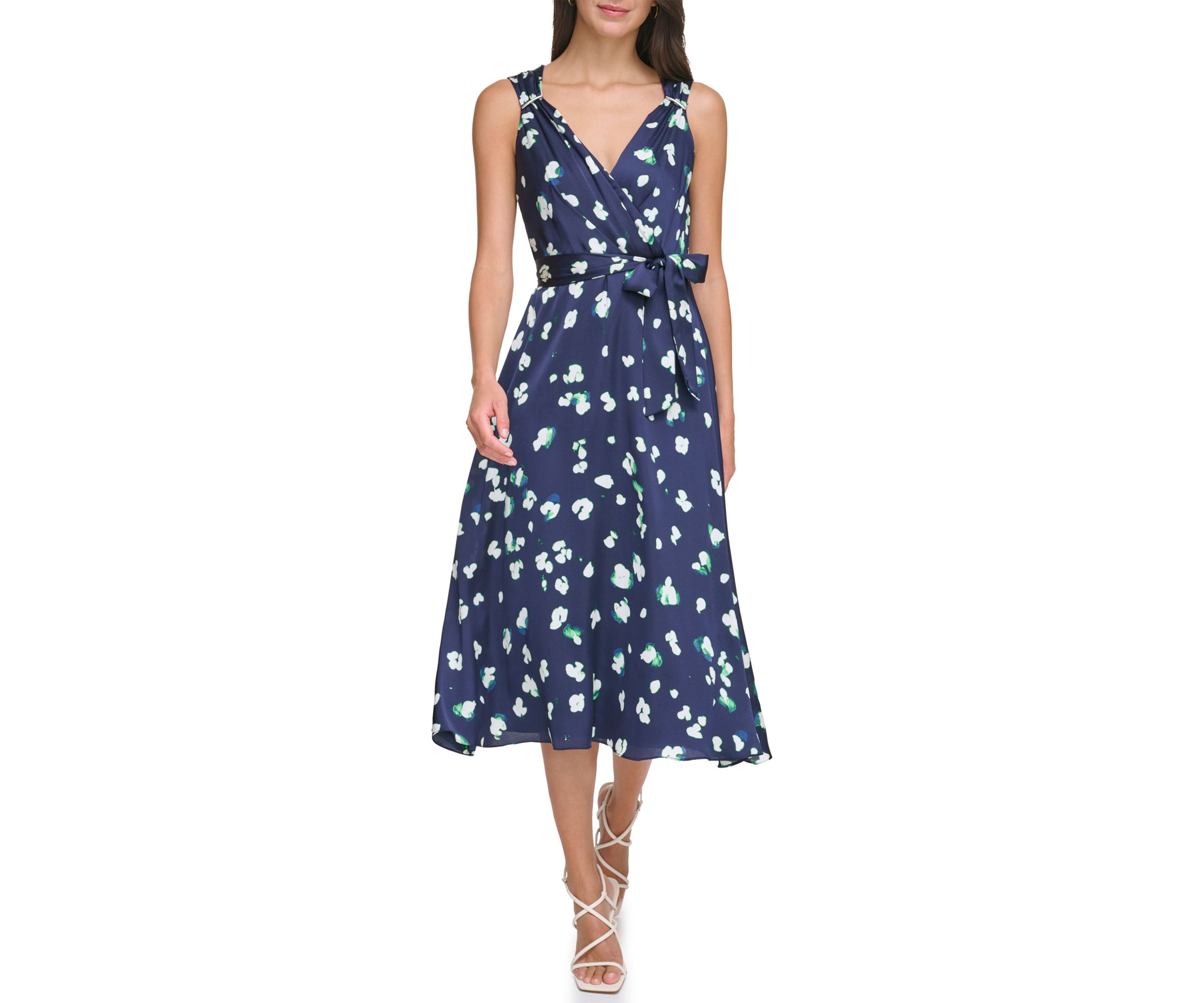 Womens Floral Printed V-Neck Tie Waist Fit and Flare Dress