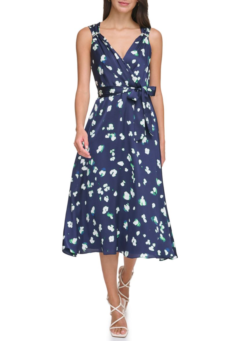 Womens Floral Printed V-Neck Tie Waist Fit and Flare Dress