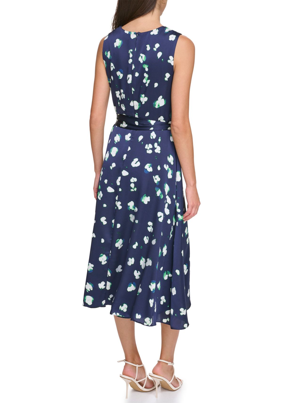 Womens Floral Printed V-Neck Tie Waist Fit and Flare Dress