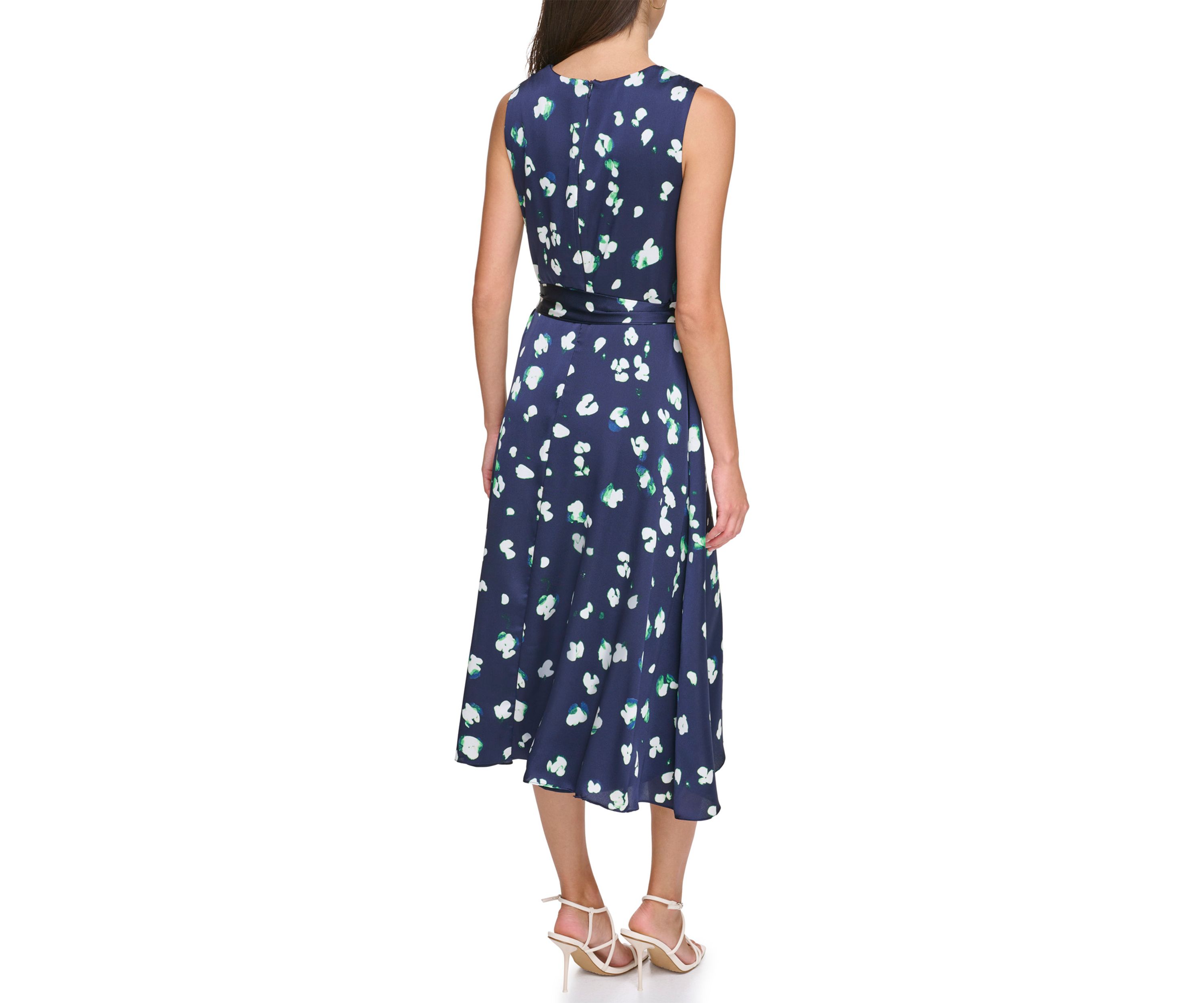 Womens Floral Printed V-Neck Tie Waist Fit and Flare Dress