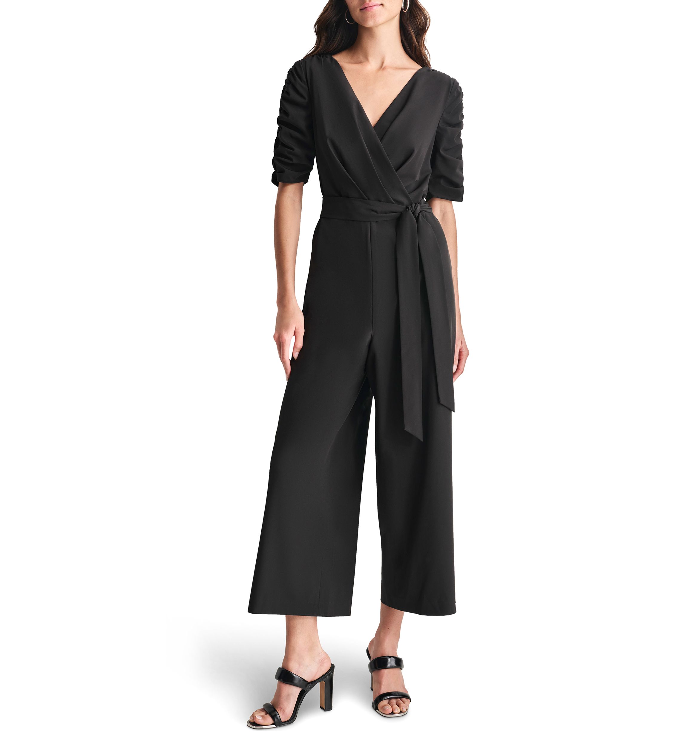 Womens Elbow Sleeve V-Neck Solid Wrap Jumpsuit