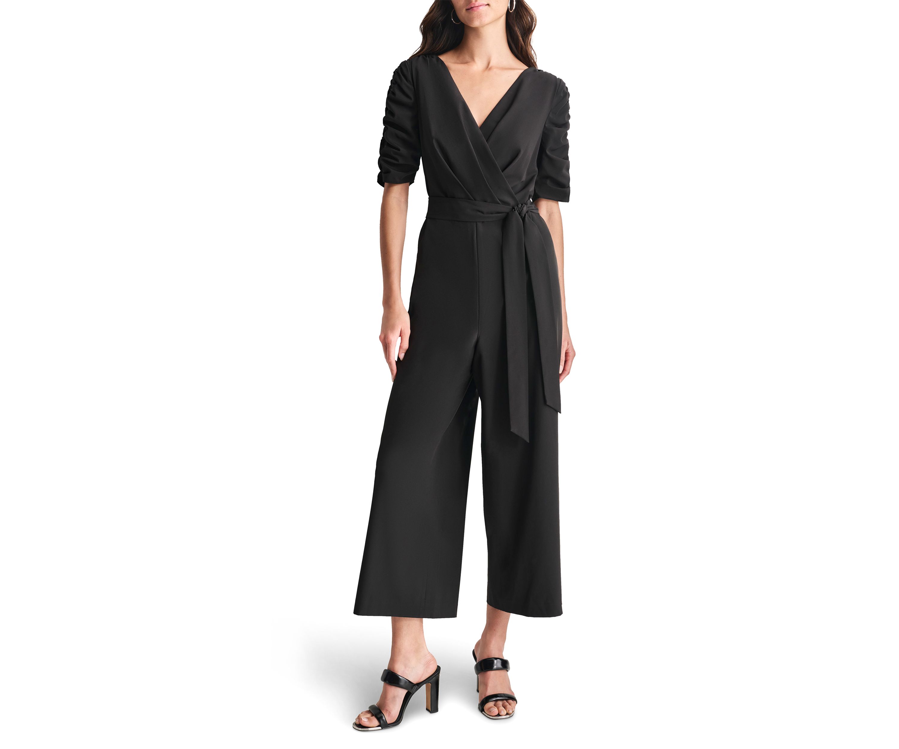 Womens Elbow Sleeve V-Neck Solid Wrap Jumpsuit