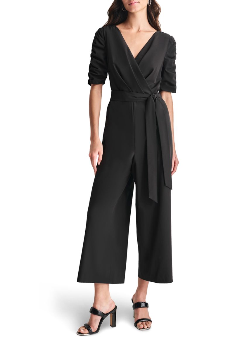 Womens Elbow Sleeve V-Neck Solid Wrap Jumpsuit