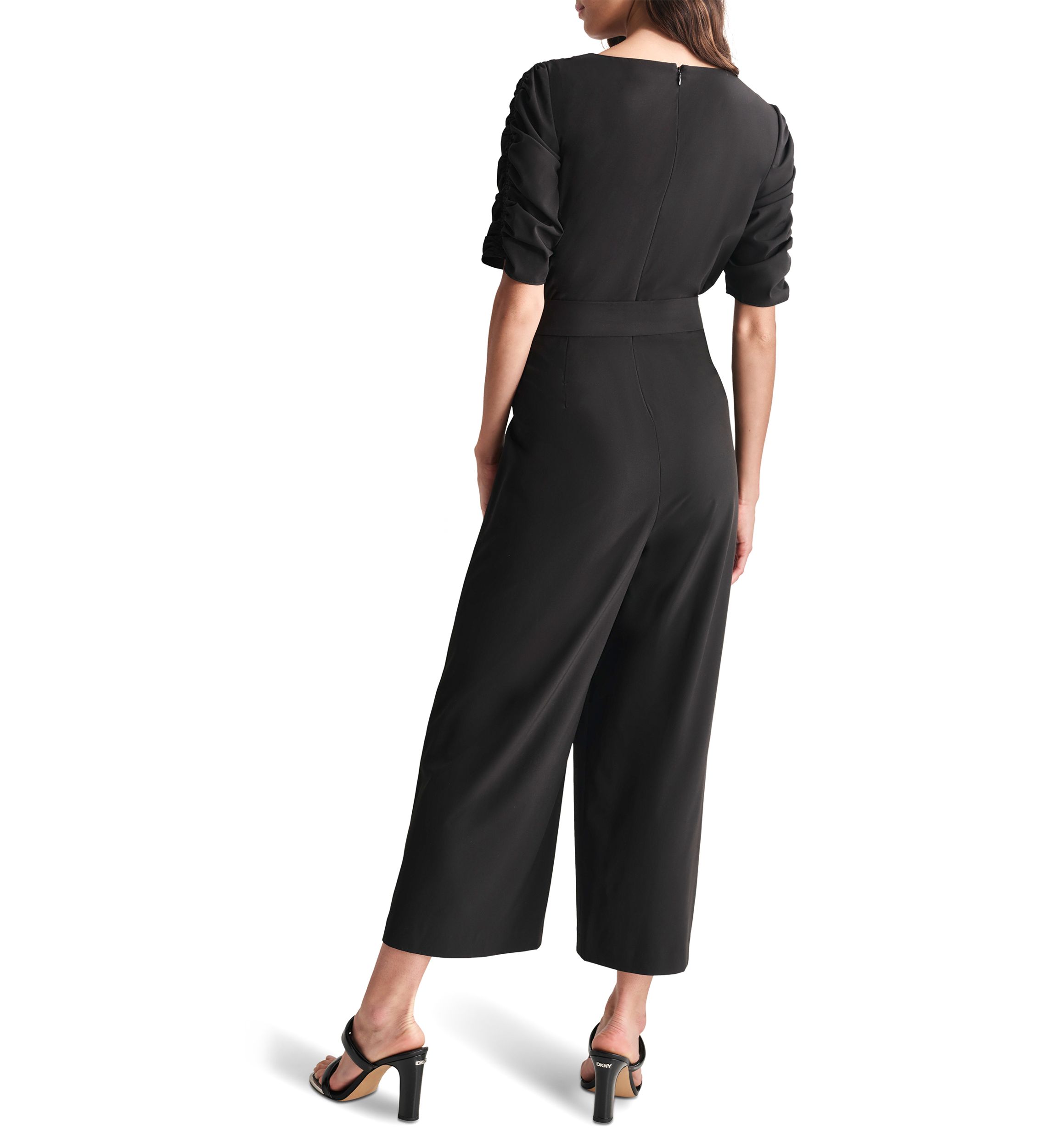 Womens Elbow Sleeve V-Neck Solid Wrap Jumpsuit