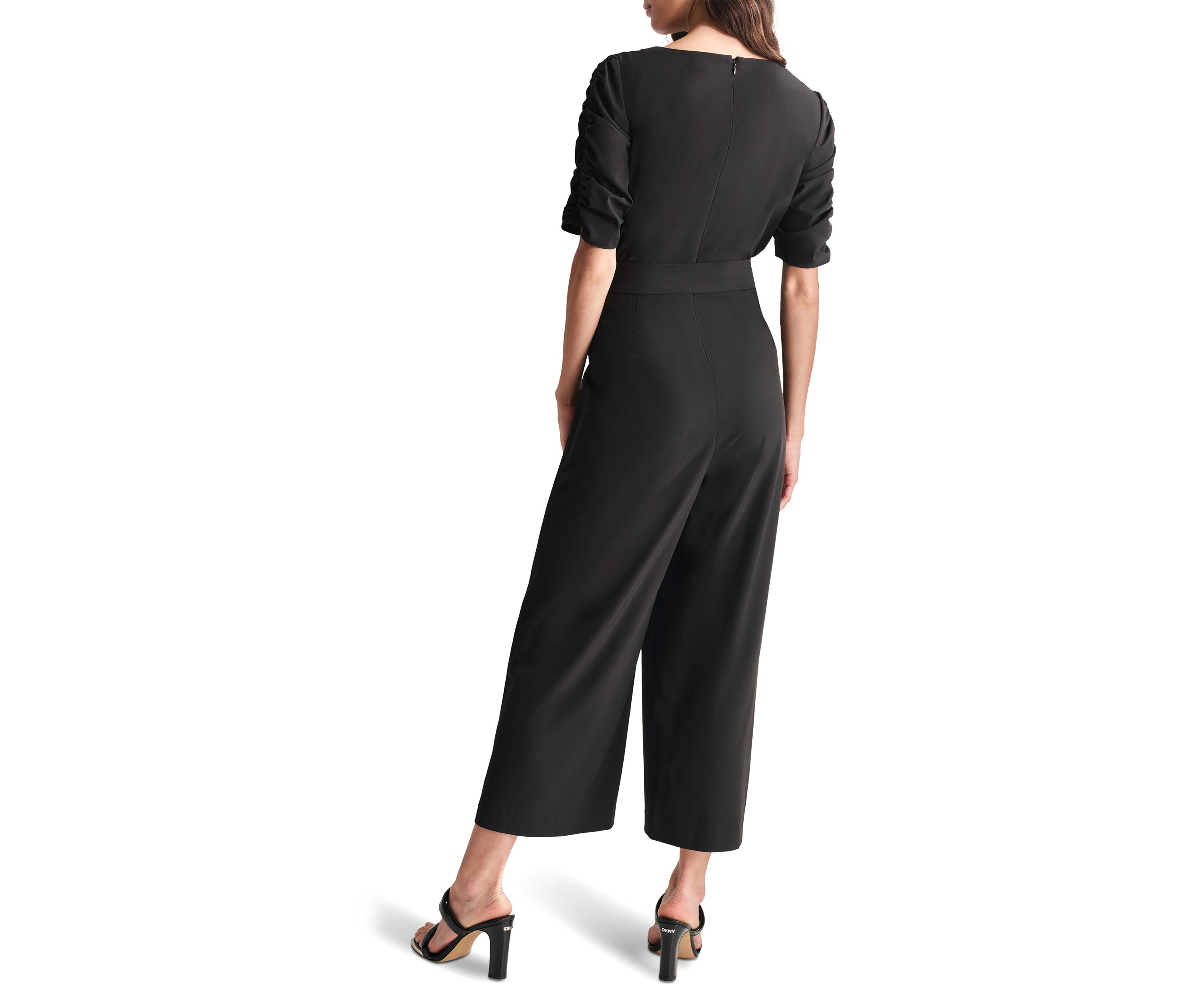 Womens Elbow Sleeve V-Neck Solid Wrap Jumpsuit