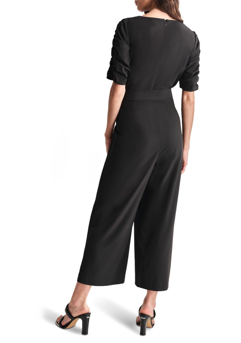 Womens Elbow Sleeve V-Neck Solid Wrap Jumpsuit