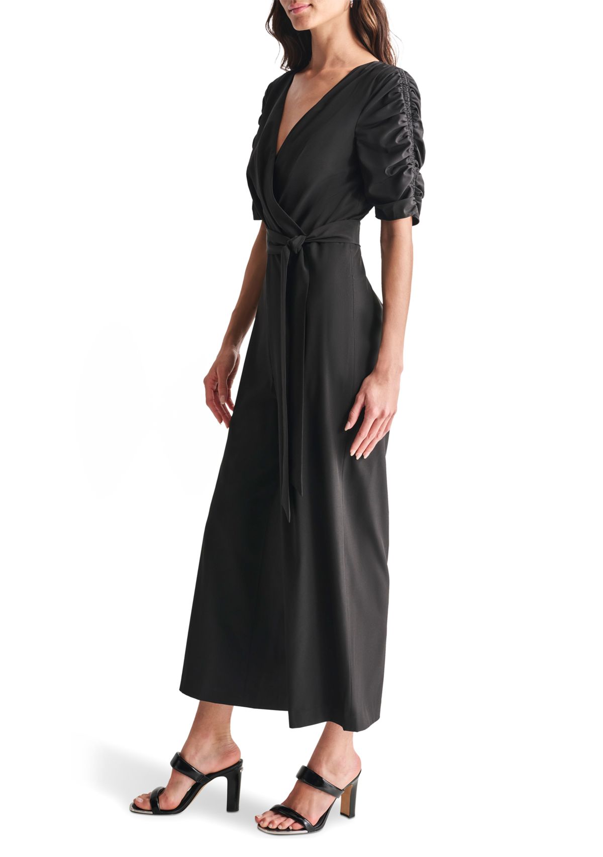 Womens Elbow Sleeve V-Neck Solid Wrap Jumpsuit