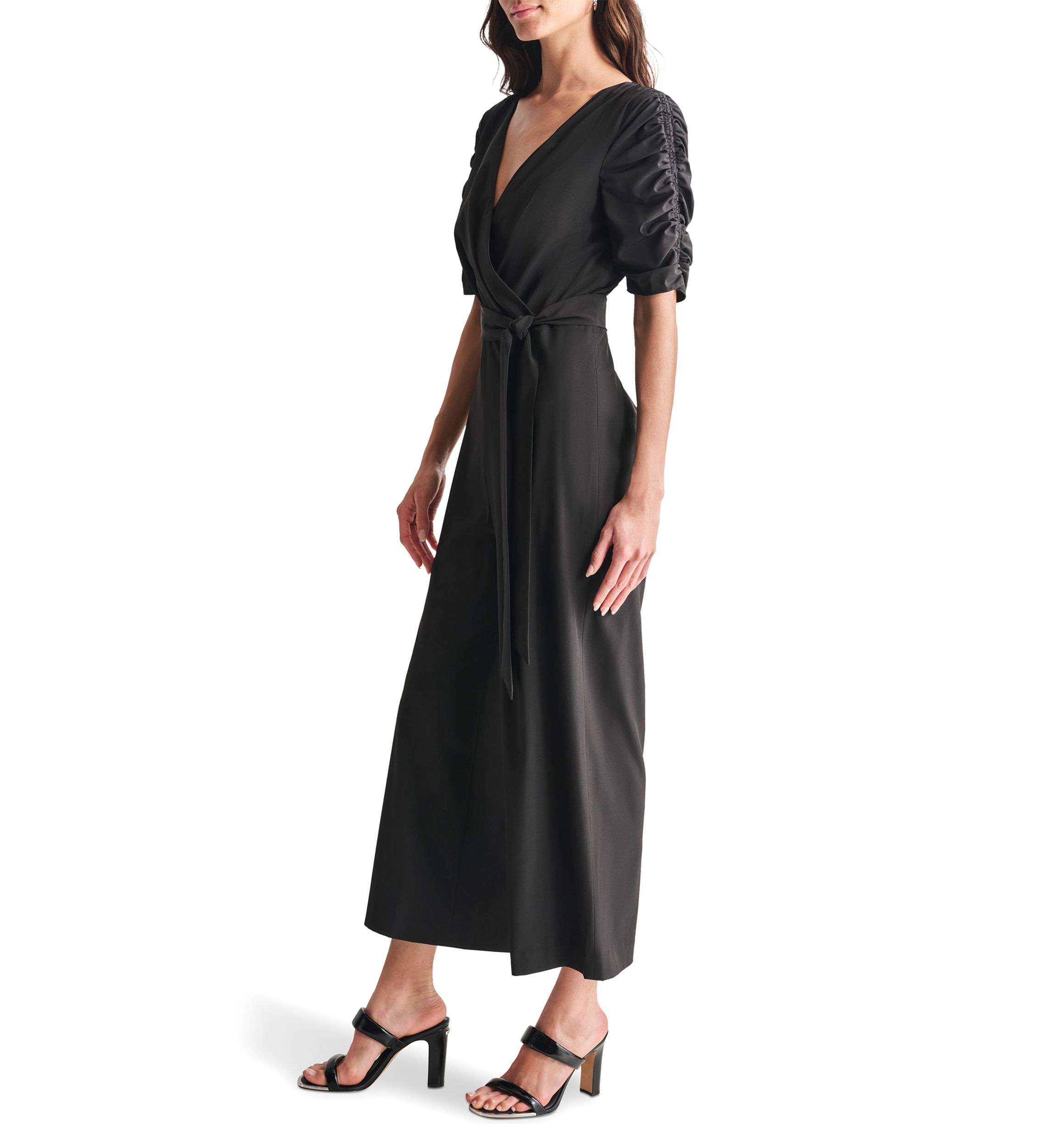 Womens Elbow Sleeve V-Neck Solid Wrap Jumpsuit