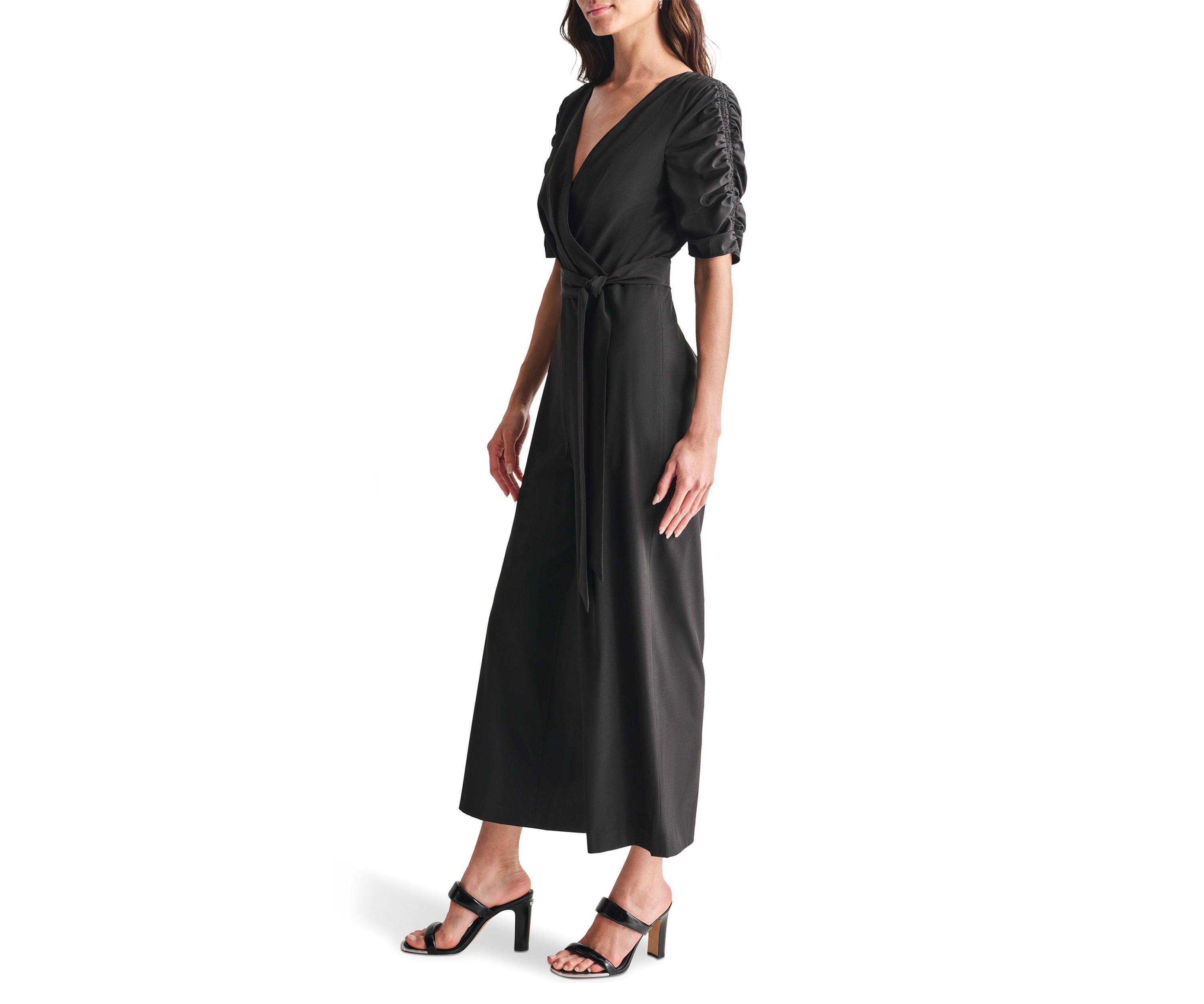 Womens Elbow Sleeve V-Neck Solid Wrap Jumpsuit