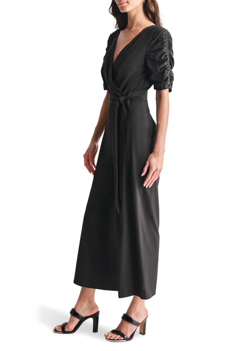 Womens Elbow Sleeve V-Neck Solid Wrap Jumpsuit