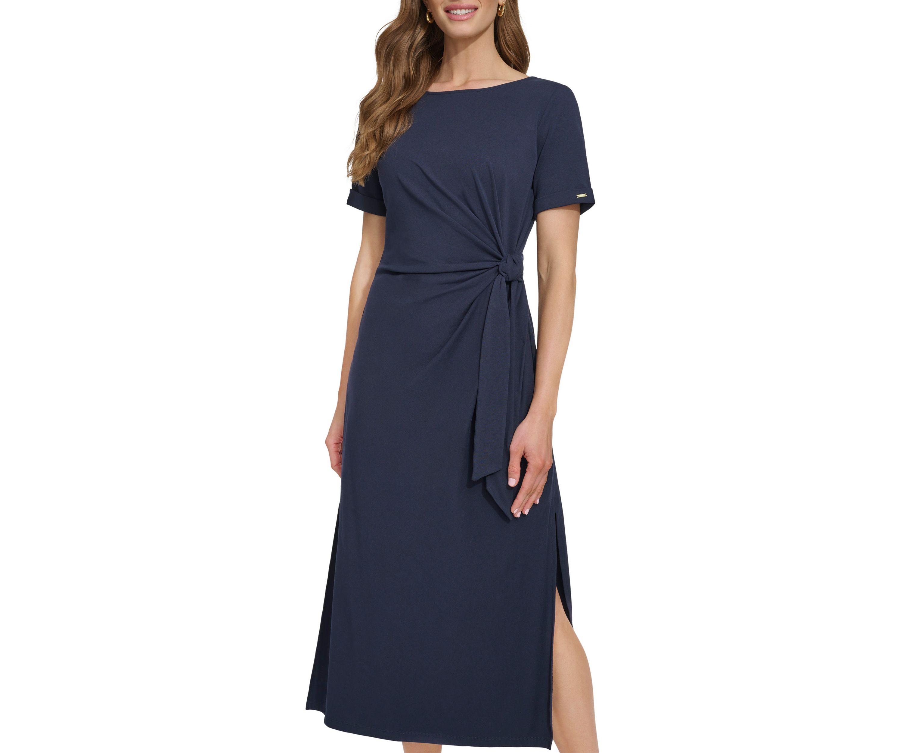 Womens Crepe Ruched A-Line Dress
