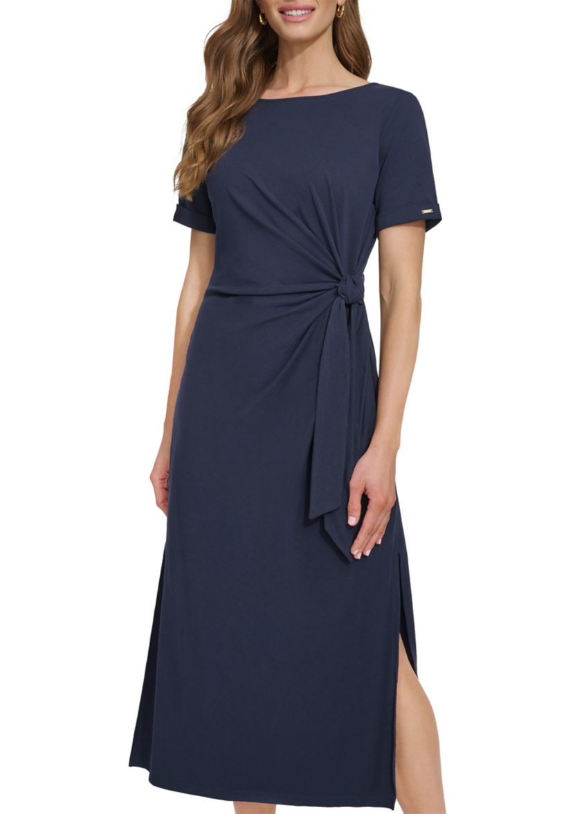 Womens Crepe Ruched A-Line Dress